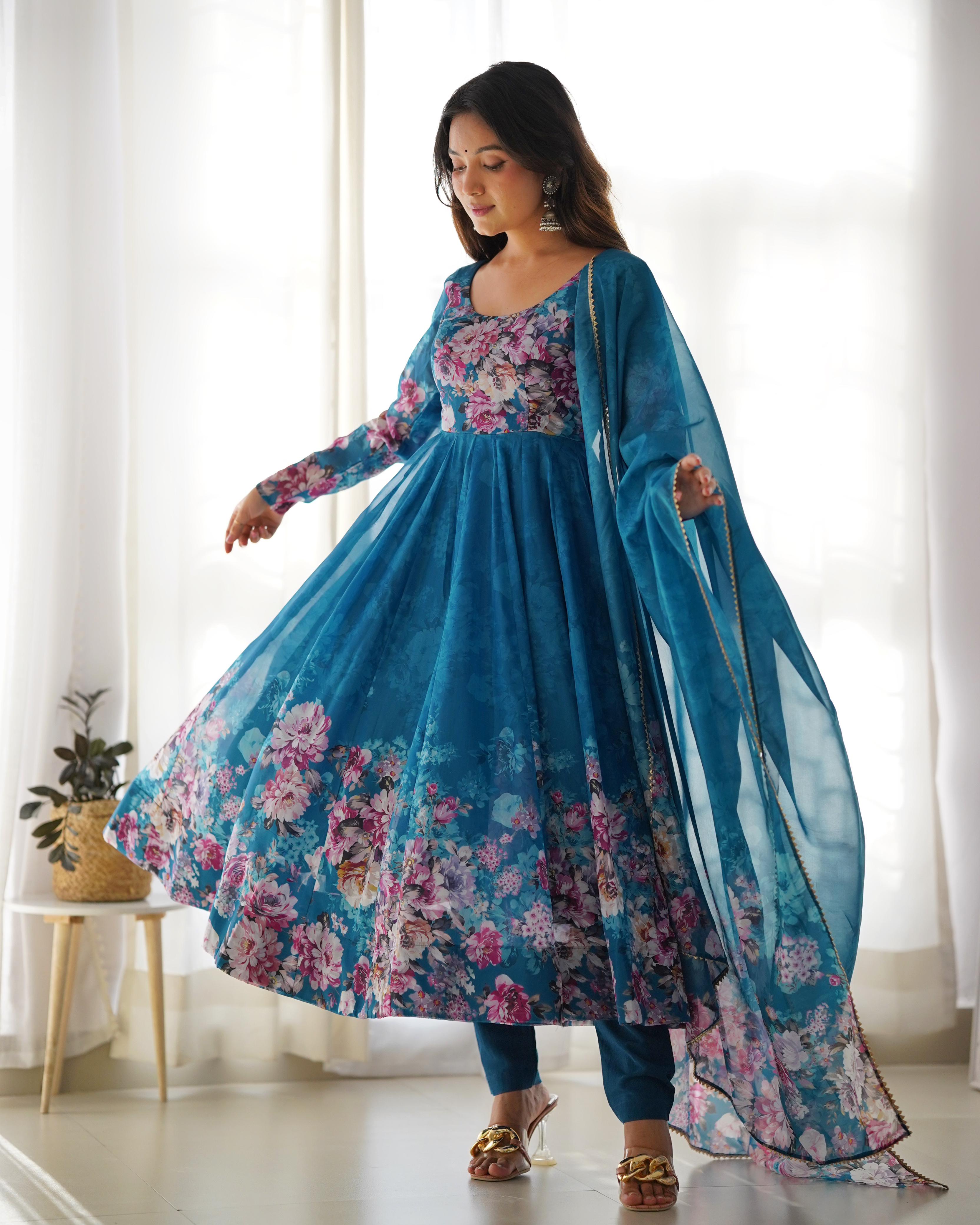 Teal Blue Floral Anarkali Dress Georgette Gown Full Stitched Partywear Gown Indian Dress