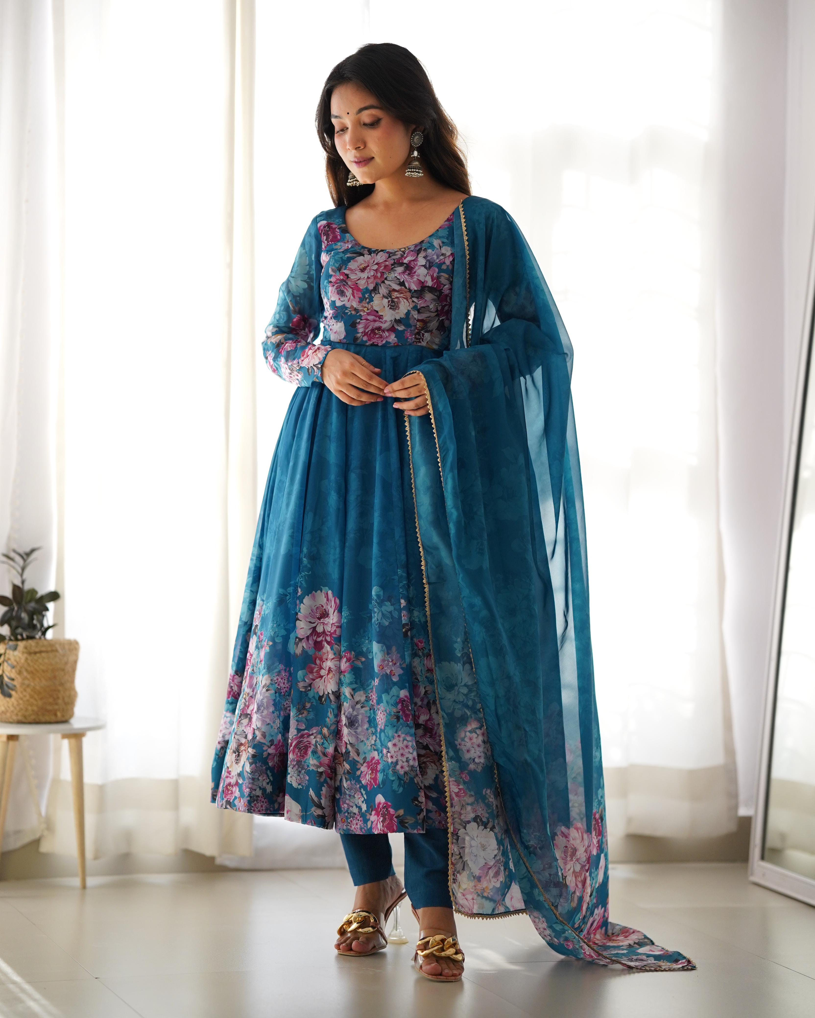 Teal Blue Floral Anarkali Dress Georgette Gown Full Stitched Partywear Gown Indian Dress