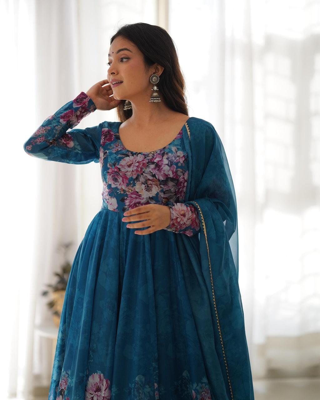 Teal Blue Floral Anarkali Dress Georgette Gown Full Stitched Partywear Gown Indian Dress