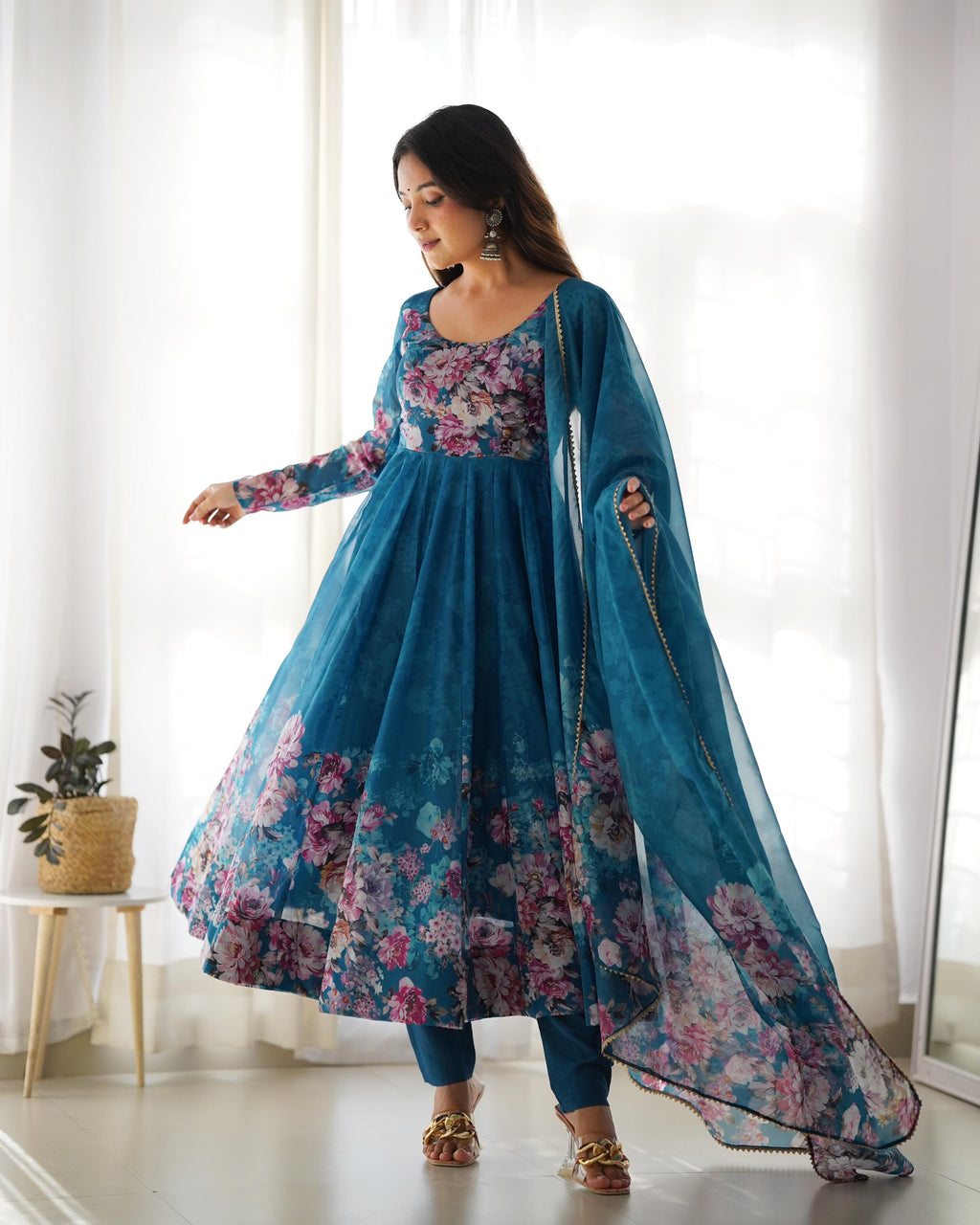 Teal Blue Floral Anarkali Dress Georgette Gown Full Stitched Partywear Gown Indian Dress