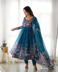 Teal Blue Floral Anarkali Dress Georgette Gown Full Stitched Partywear Gown Indian Dress