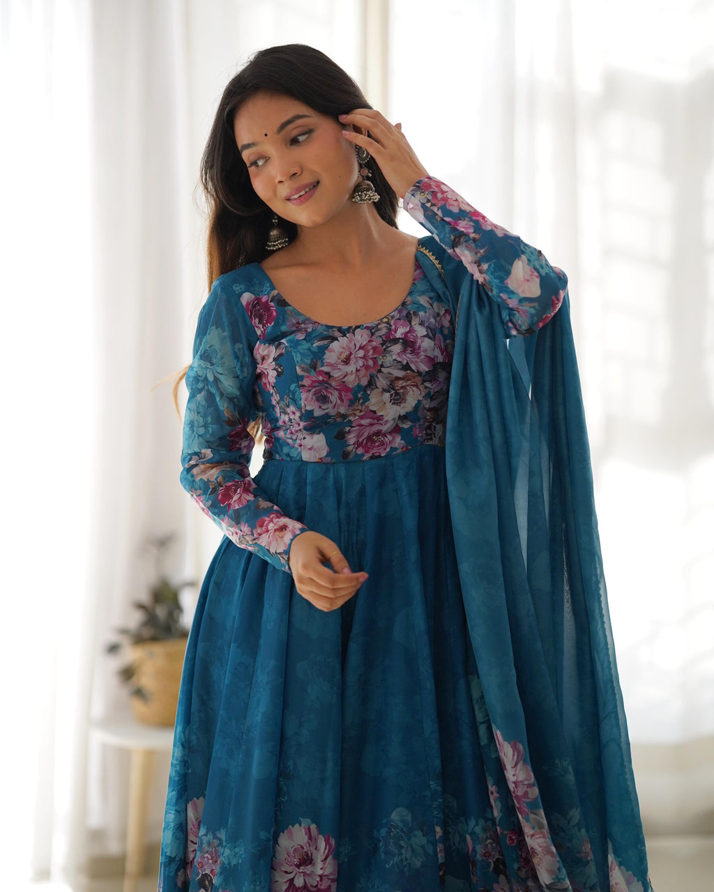 Teal Blue Floral Anarkali Dress Georgette Gown Full Stitched Partywear Gown Indian Dress