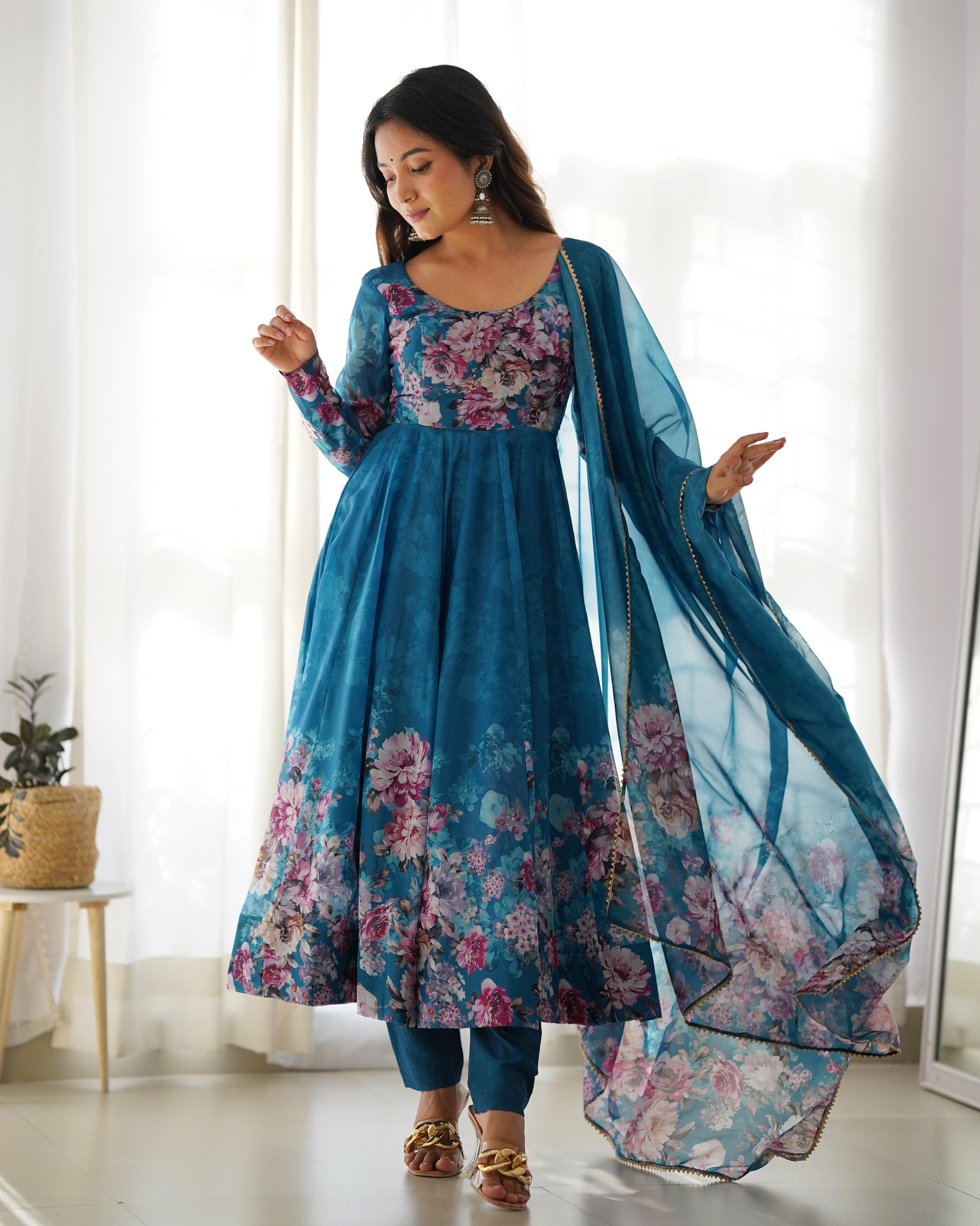 Teal Blue Floral Anarkali Dress Georgette Gown Full Stitched Partywear Gown Indian Dress