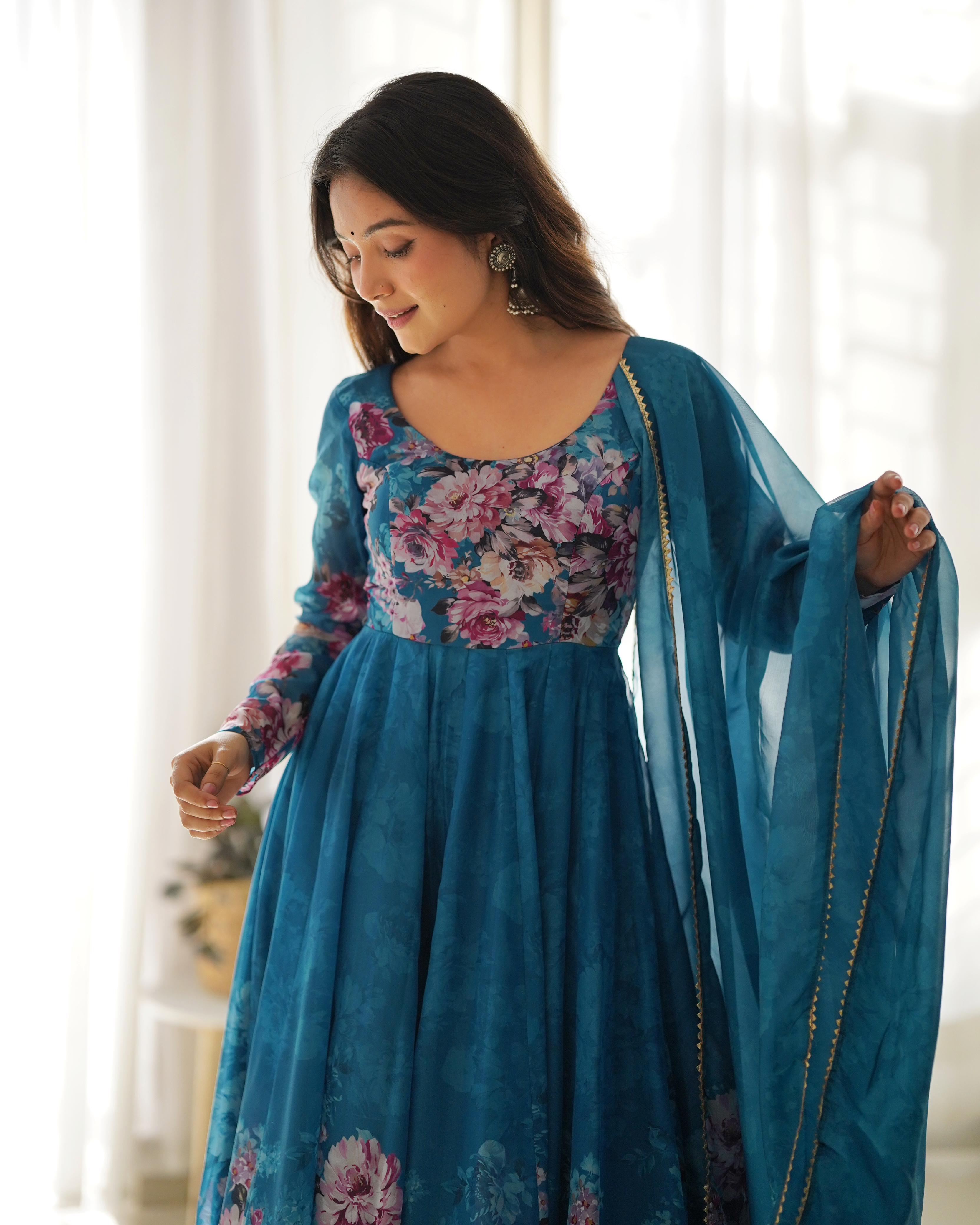 Teal Blue Floral Anarkali Dress Georgette Gown Full Stitched Partywear Gown Indian Dress