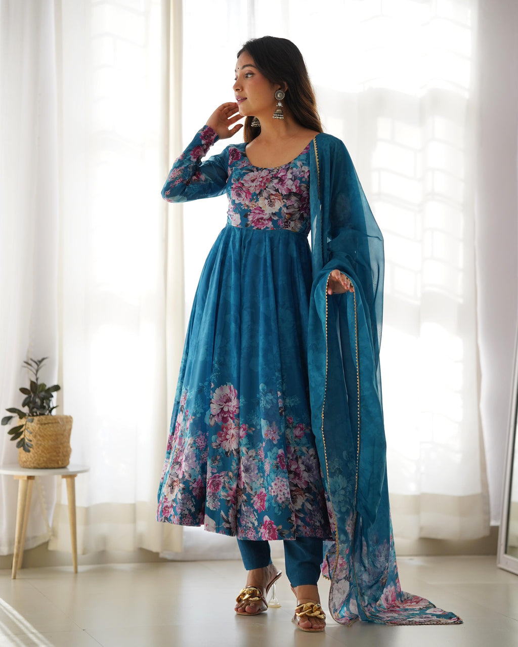 Teal Blue Floral Anarkali Dress Georgette Gown Full Stitched Partywear Gown Indian Dress