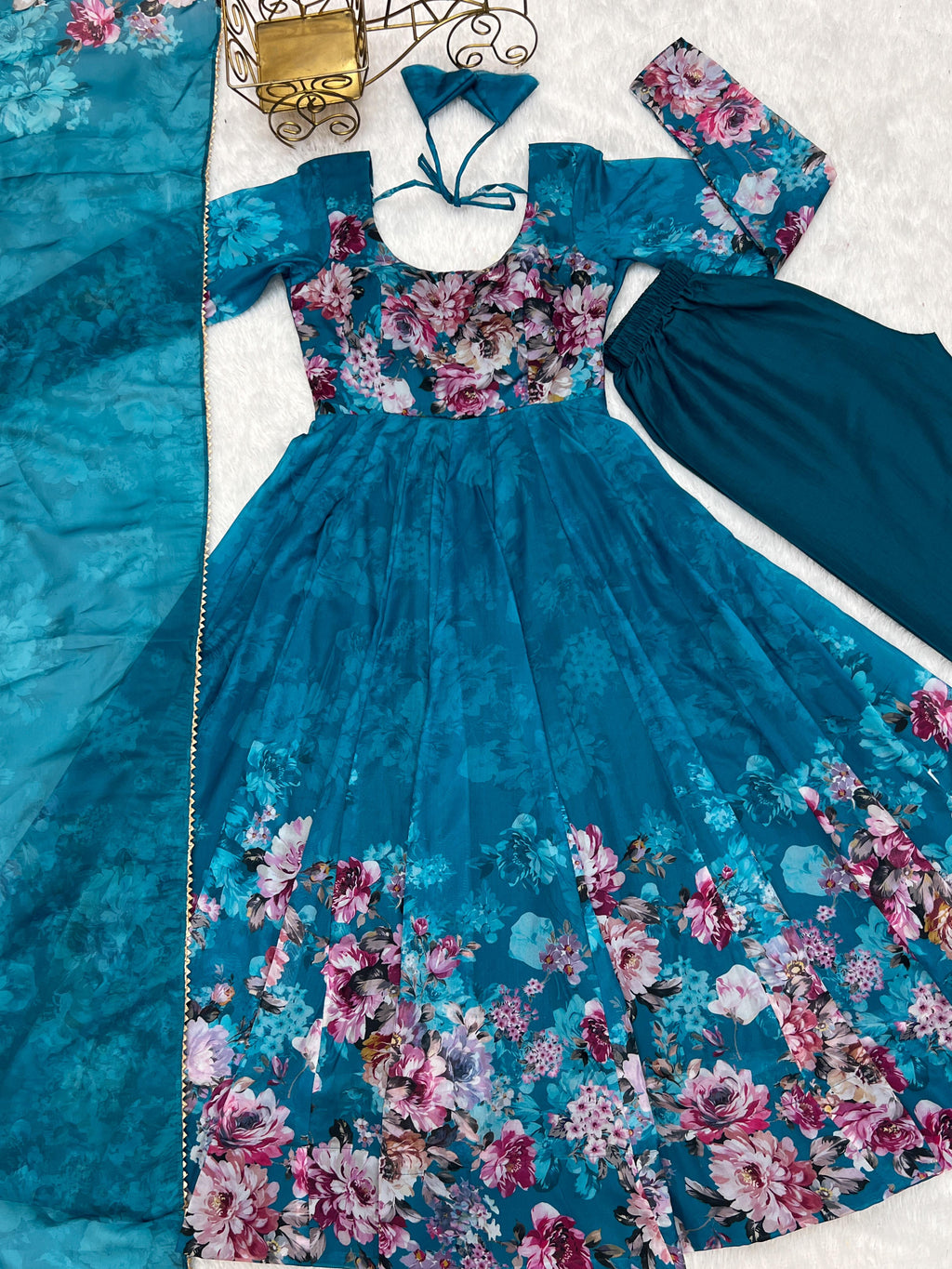 Teal Blue Floral Anarkali Dress Georgette Gown Full Stitched Partywear Gown Indian Dress