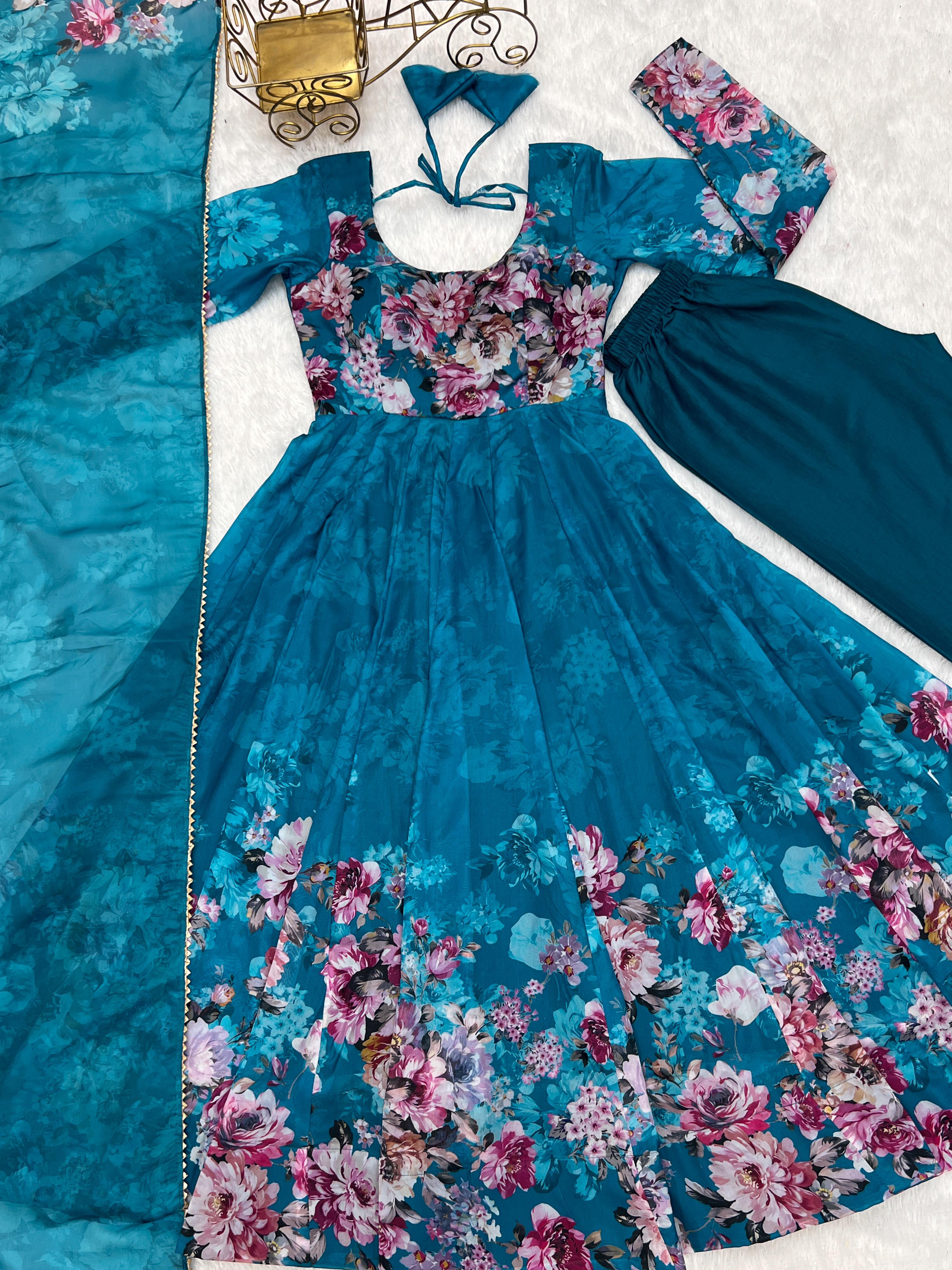 Teal Blue Floral Anarkali Dress Georgette Gown Full Stitched Partywear Gown Indian Dress