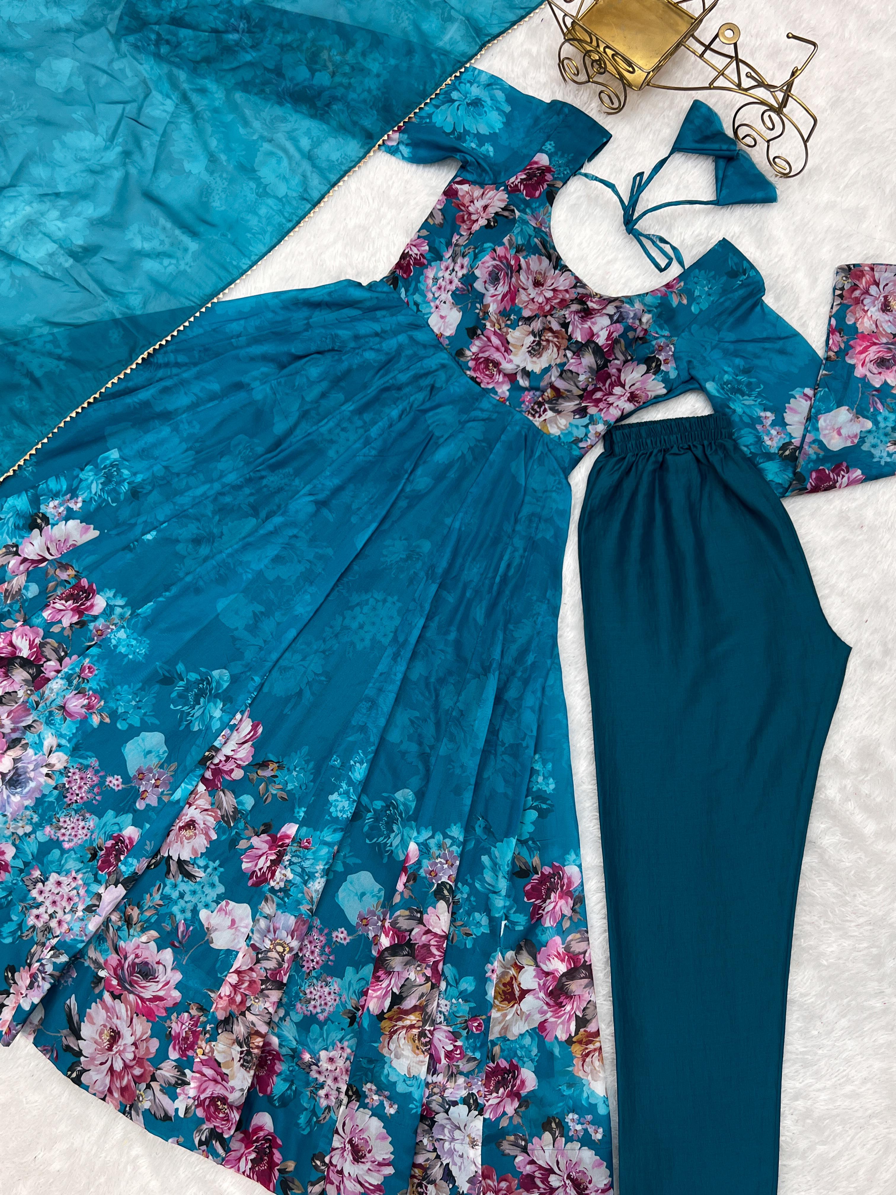 Teal Blue Floral Anarkali Dress Georgette Gown Full Stitched Partywear Gown Indian Dress
