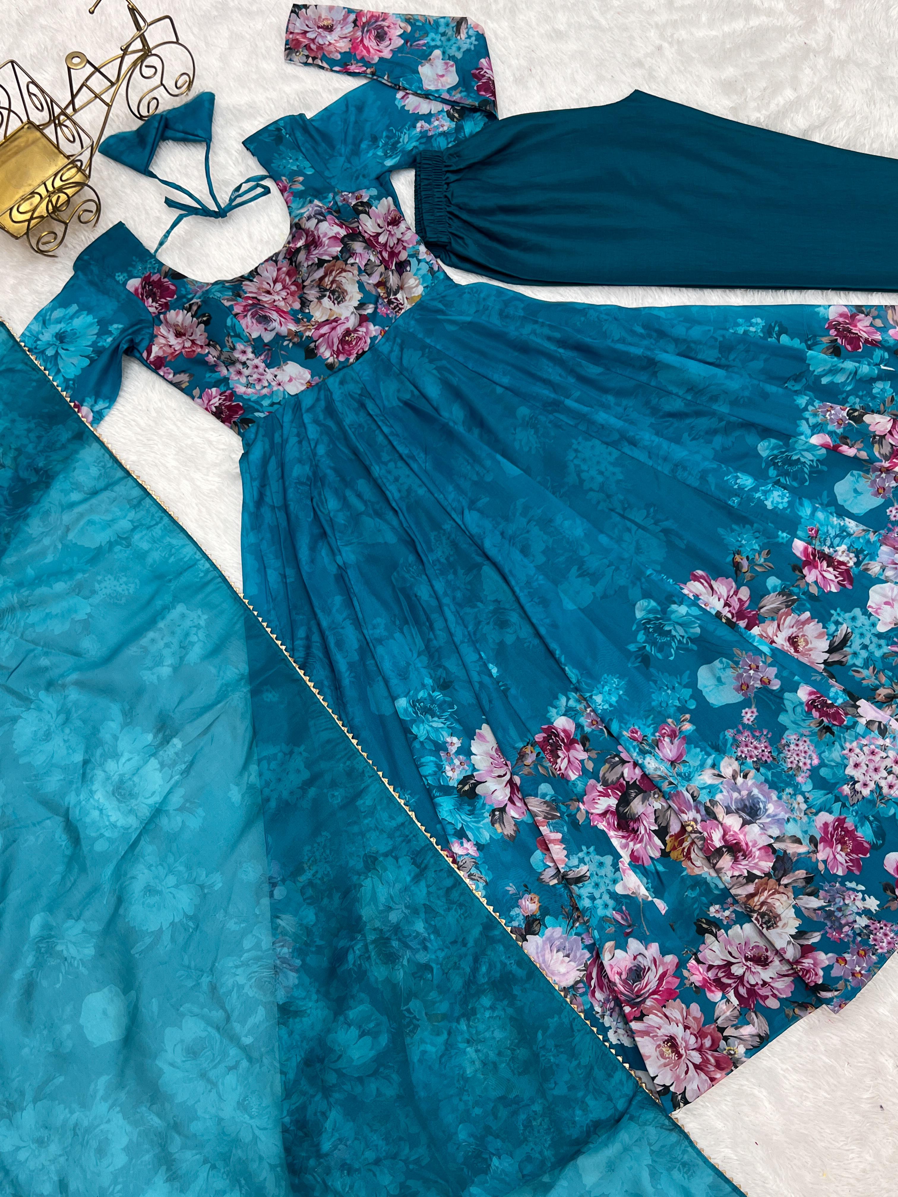 Teal Blue Floral Anarkali Dress Georgette Gown Full Stitched Partywear Gown Indian Dress