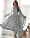 whitest blue Floral Print Floral  Gown Full Stitched Partywear Gown Indian Dress