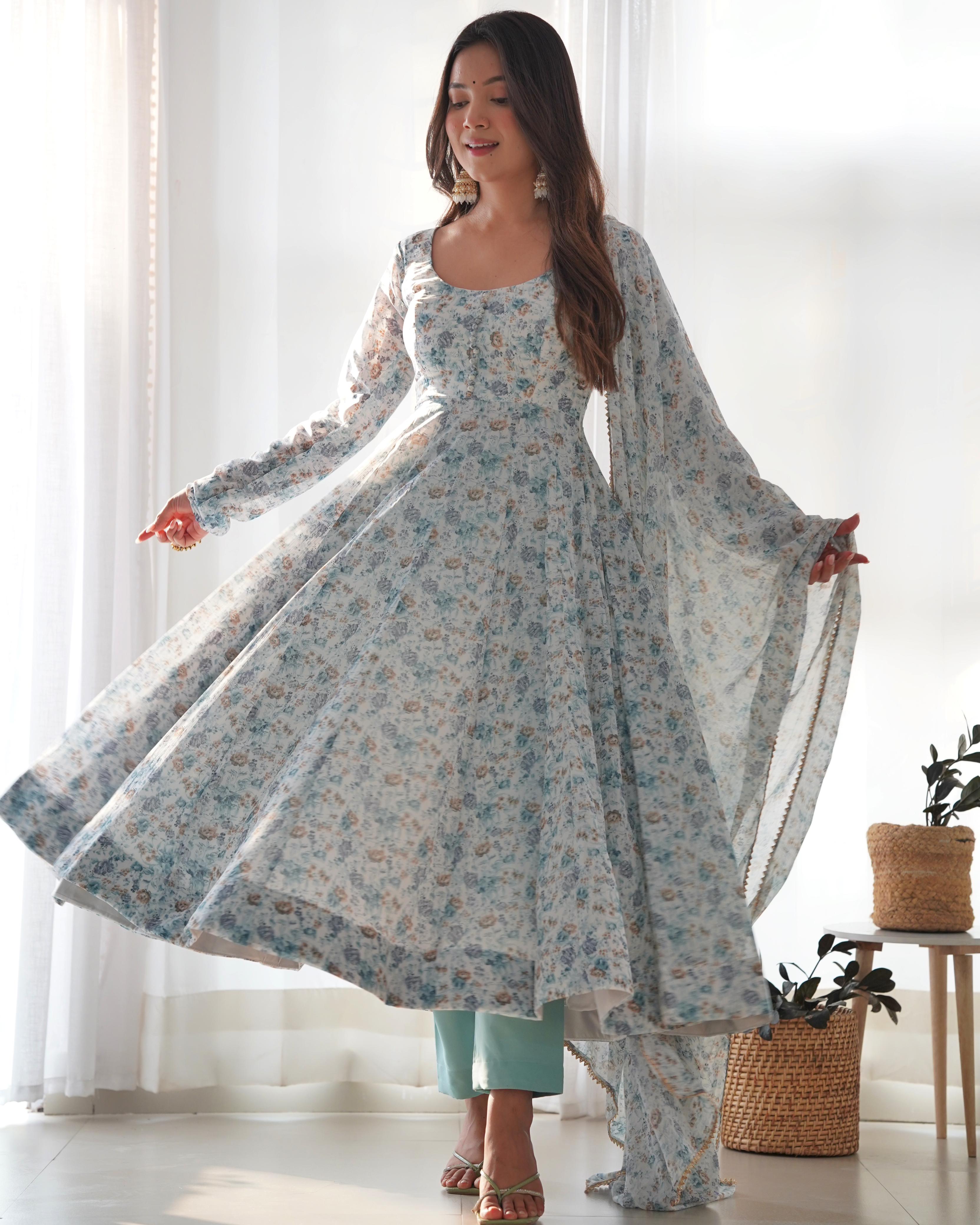 whitest blue Floral Print Floral  Gown Full Stitched Partywear Gown Indian Dress