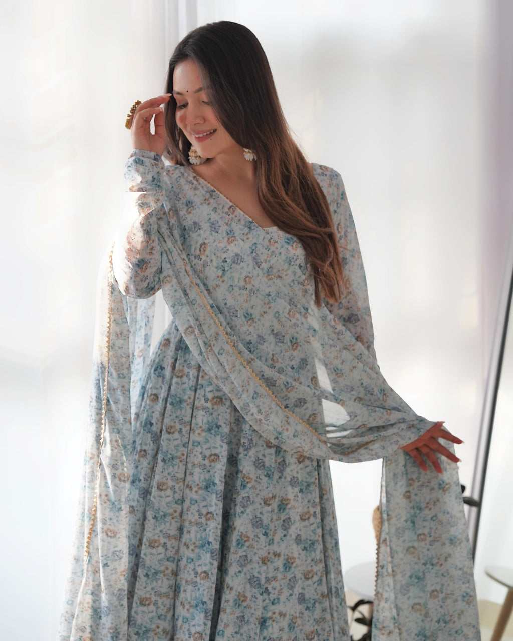 whitest blue Floral Print Floral  Gown Full Stitched Partywear Gown Indian Dress