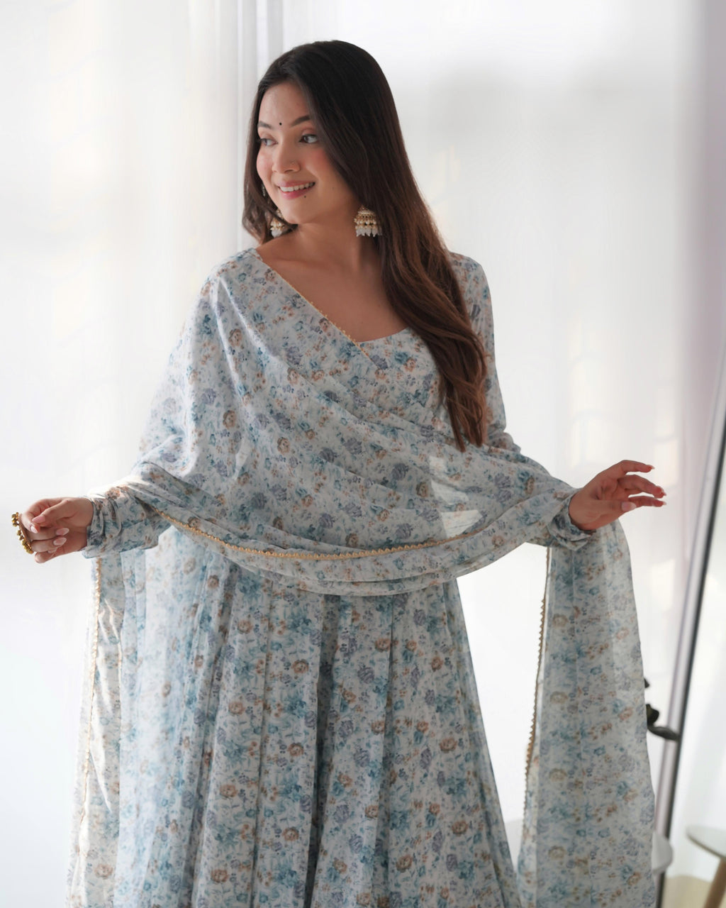 whitest blue Floral Print Floral  Gown Full Stitched Partywear Gown Indian Dress