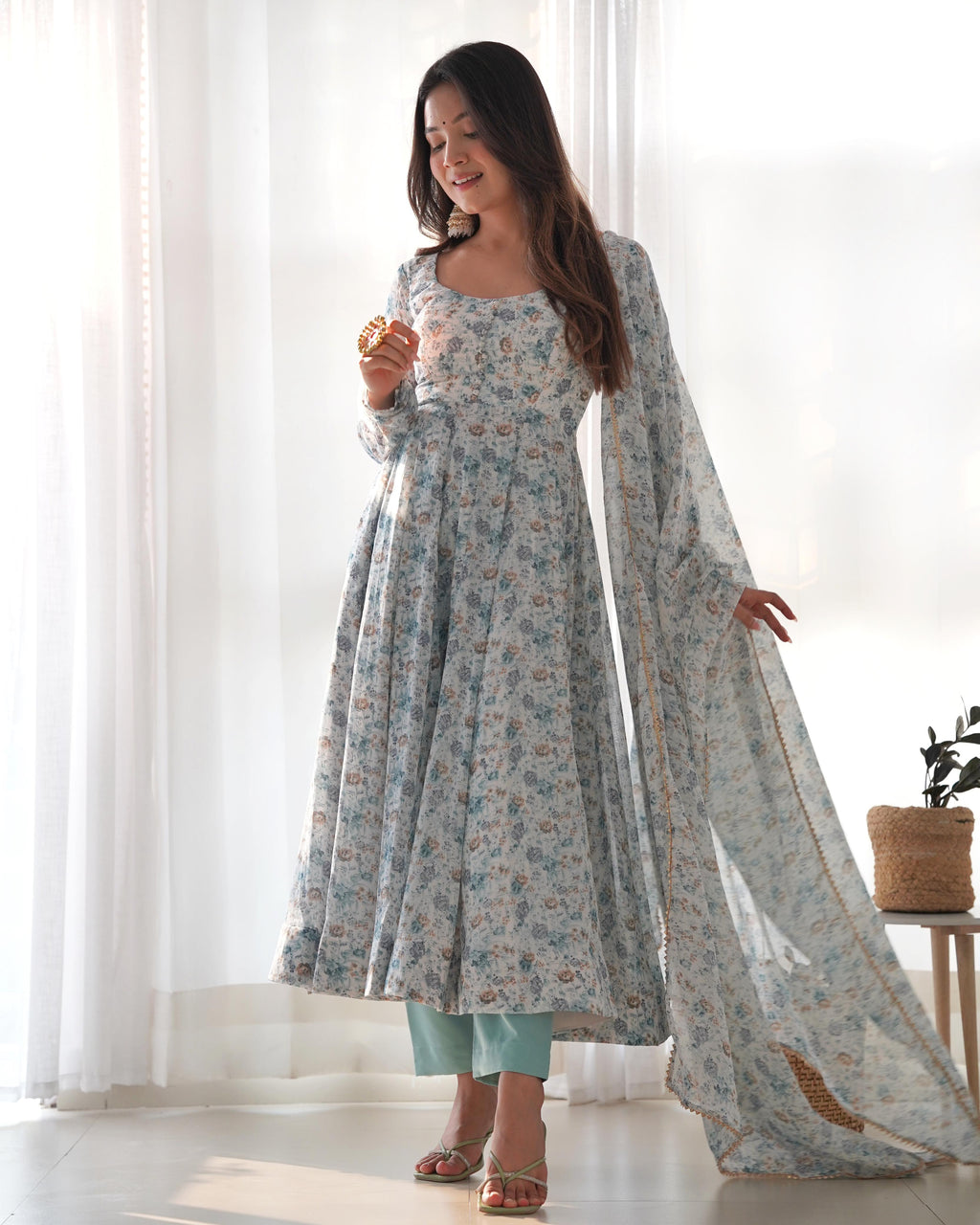 whitest blue Floral Print Floral  Gown Full Stitched Partywear Gown Indian Dress