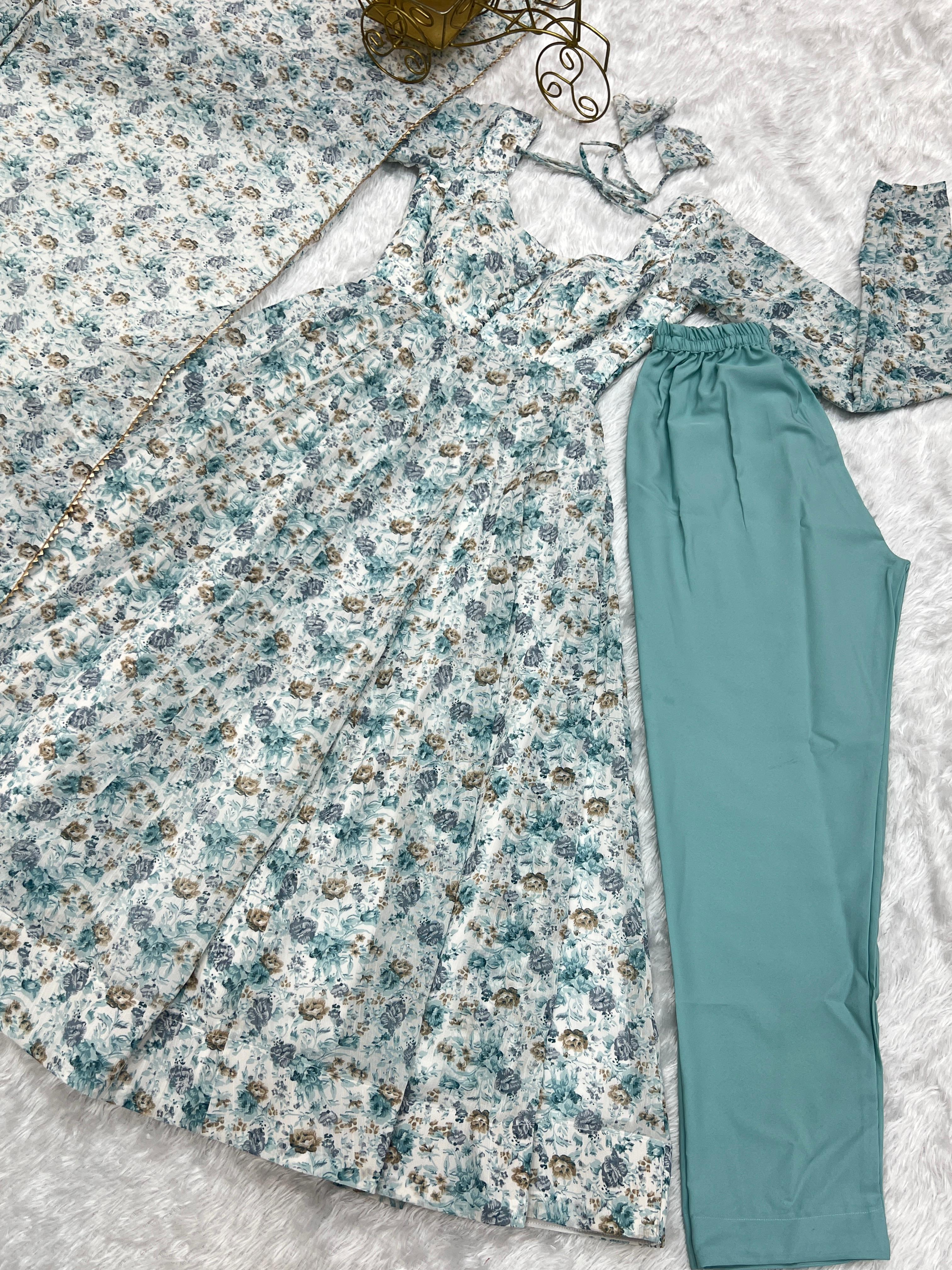 whitest blue Floral Print Floral  Gown Full Stitched Partywear Gown Indian Dress
