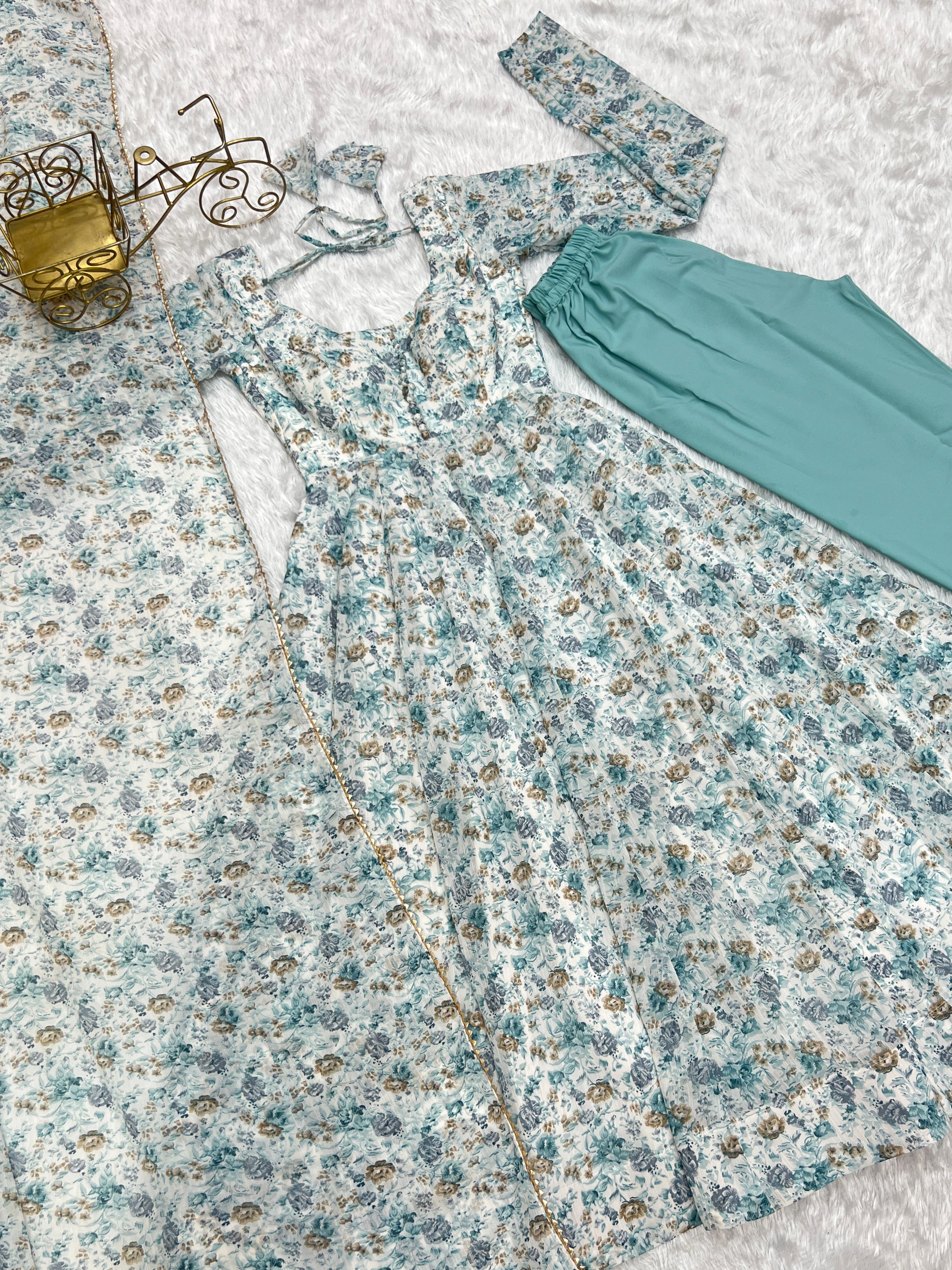 whitest blue Floral Print Floral  Gown Full Stitched Partywear Gown Indian Dress