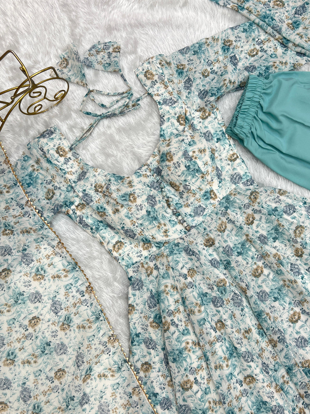 whitest blue Floral Print Floral  Gown Full Stitched Partywear Gown Indian Dress