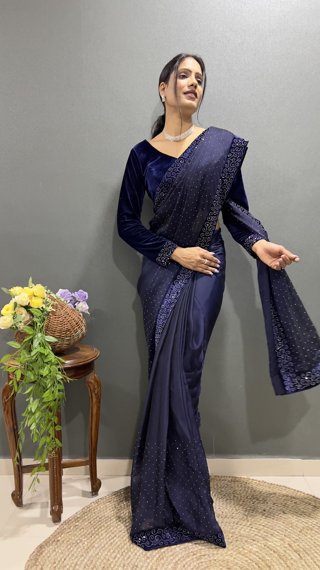 Premium Navy Blue Rangoli Silk Saree Ready To Wear Saree Indian Partywear sari