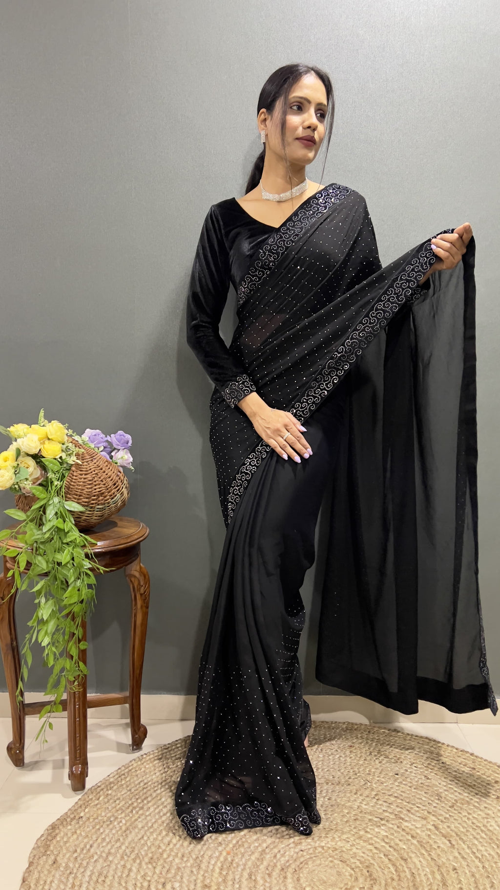 Premium Black Rangoli Silk Saree Ready To Wear Saree Indian Partywear sari