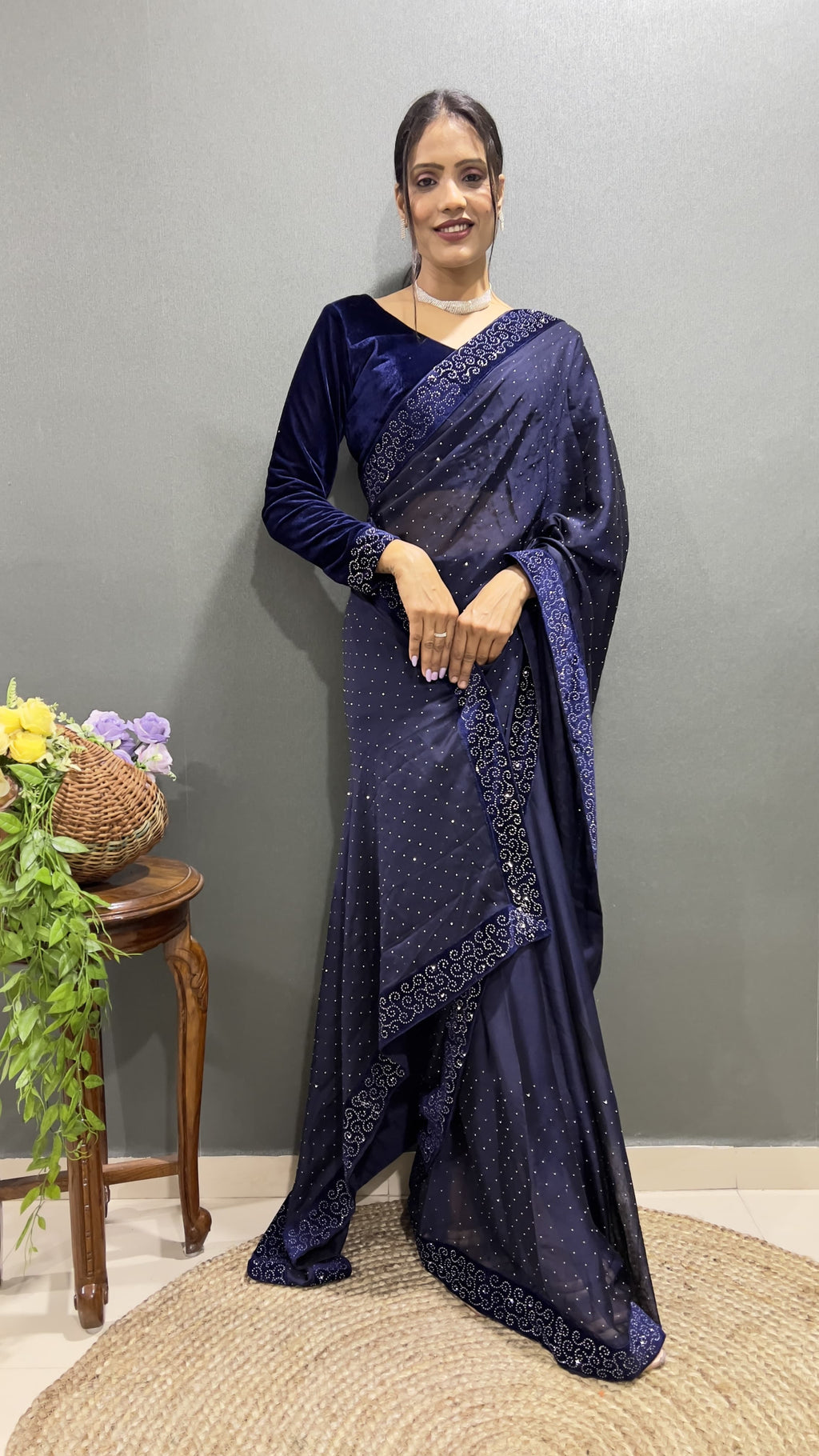 Premium Navy Blue Rangoli Silk Saree Ready To Wear Saree Indian Partywear sari