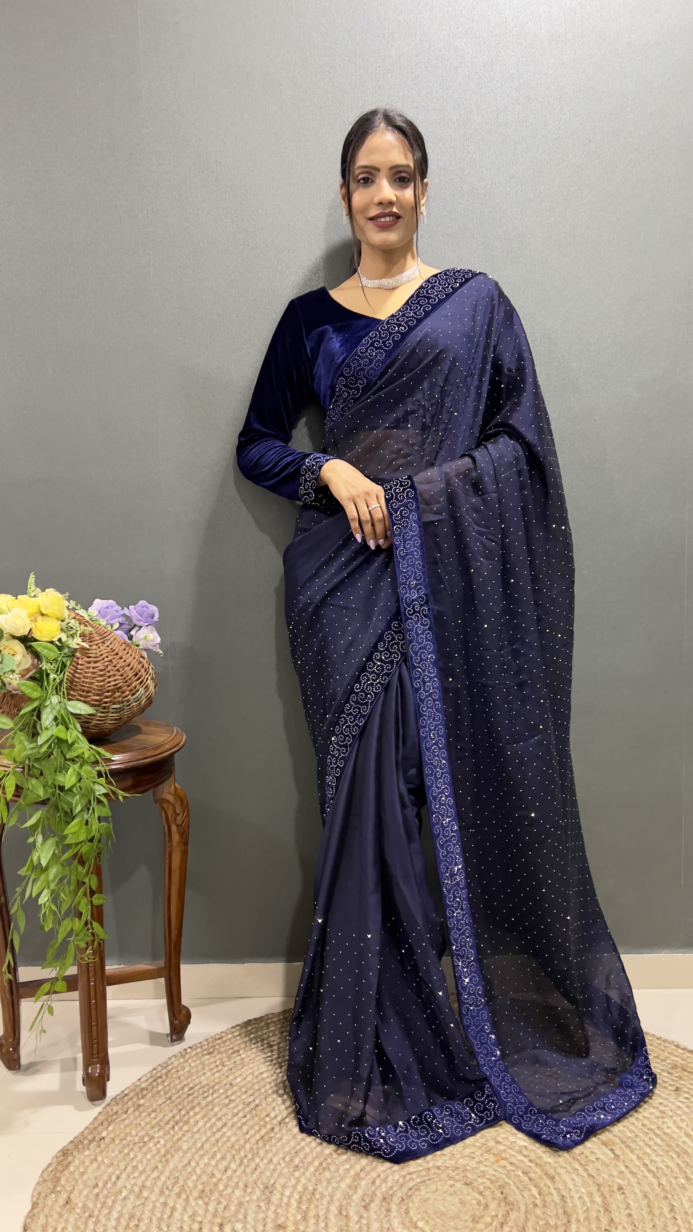 Premium Navy Blue Rangoli Silk Saree Ready To Wear Saree Indian Partywear sari
