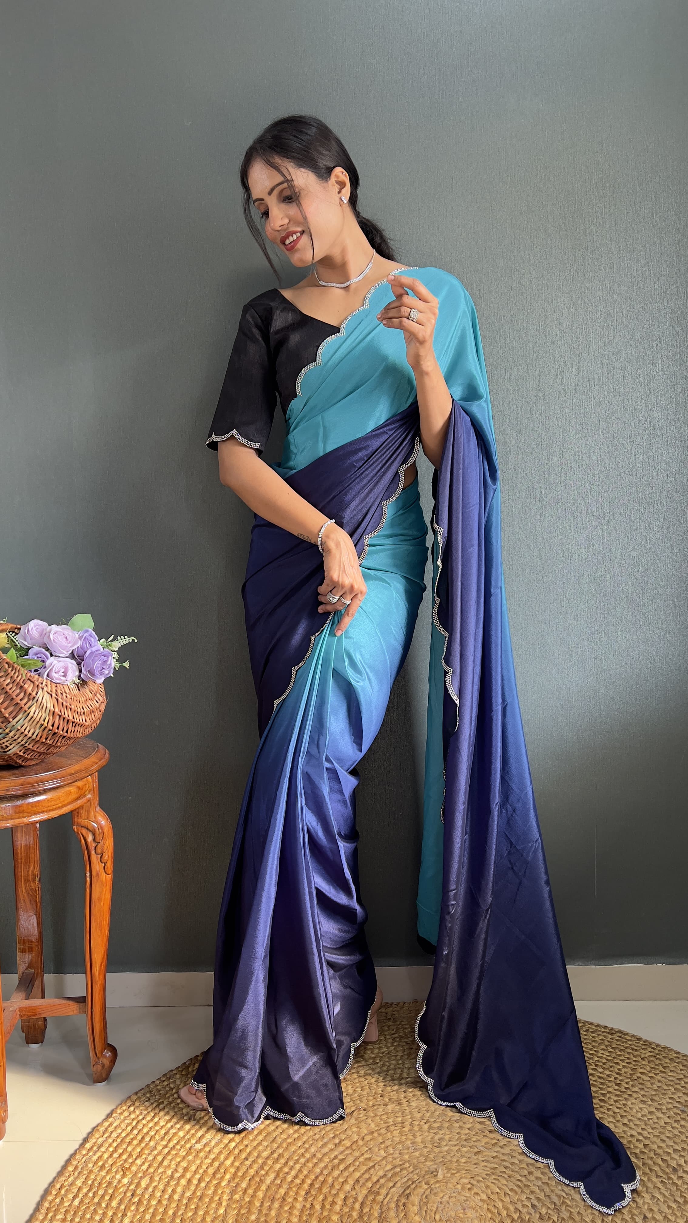 Exclusive Partywear Dual Color Saree Soft Chinon Ready To Wear saree Indian Wear Outfit
