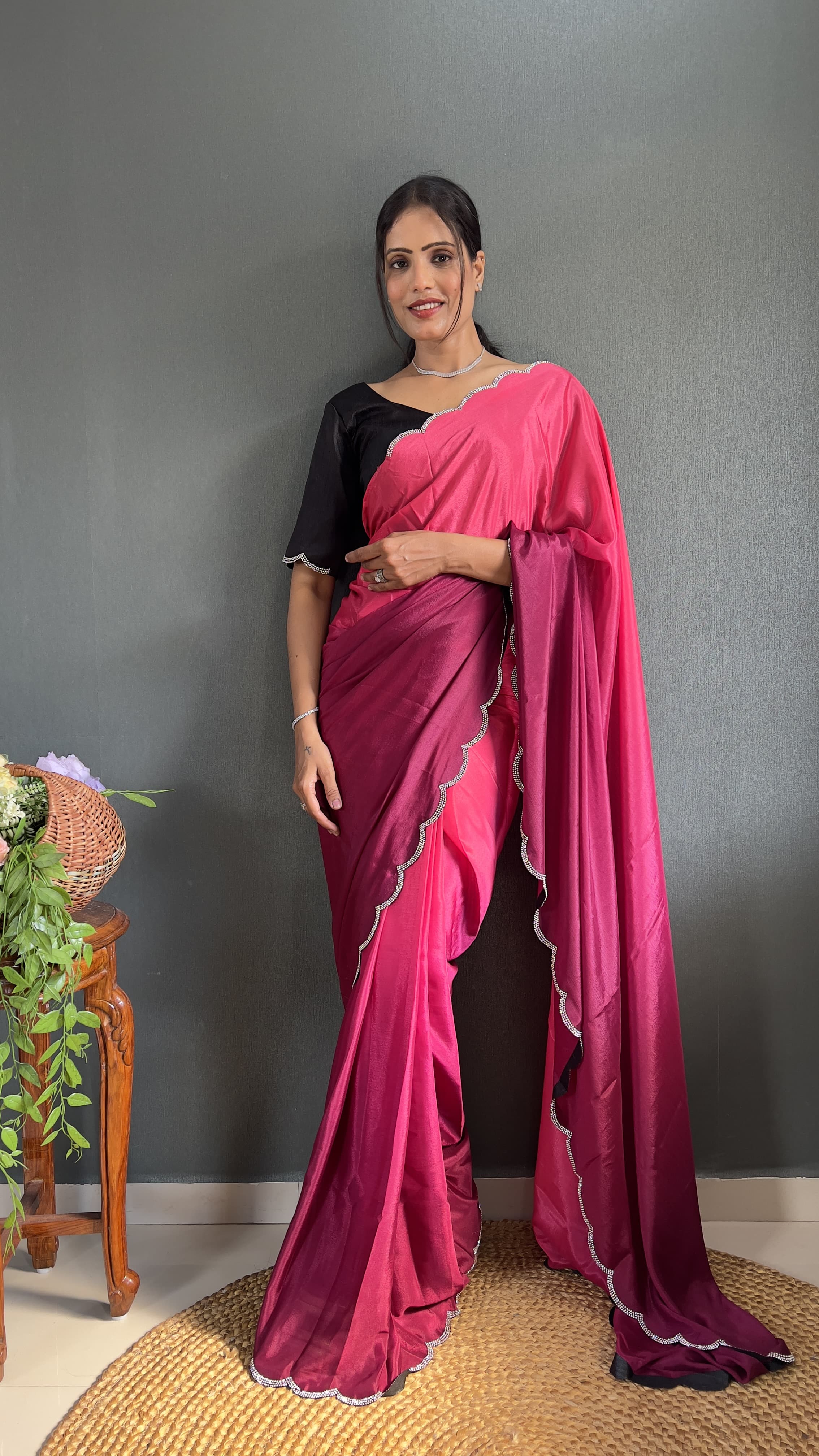 Exclusive Partywear Dual Color Saree Soft Chinon Ready To Wear saree Indian Wear Outfit