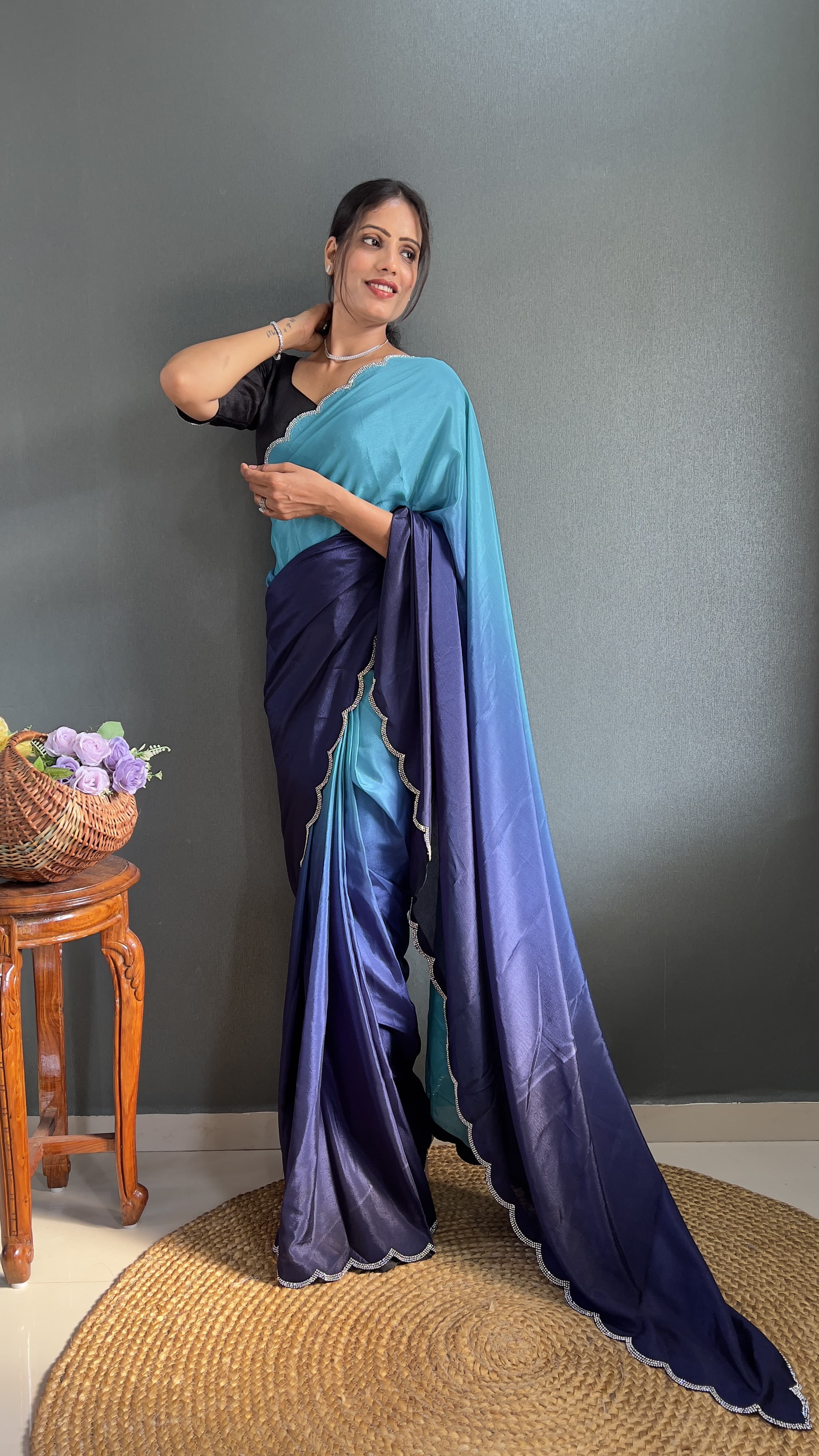 Exclusive Partywear Dual Color Saree Soft Chinon Ready To Wear saree Indian Wear Outfit