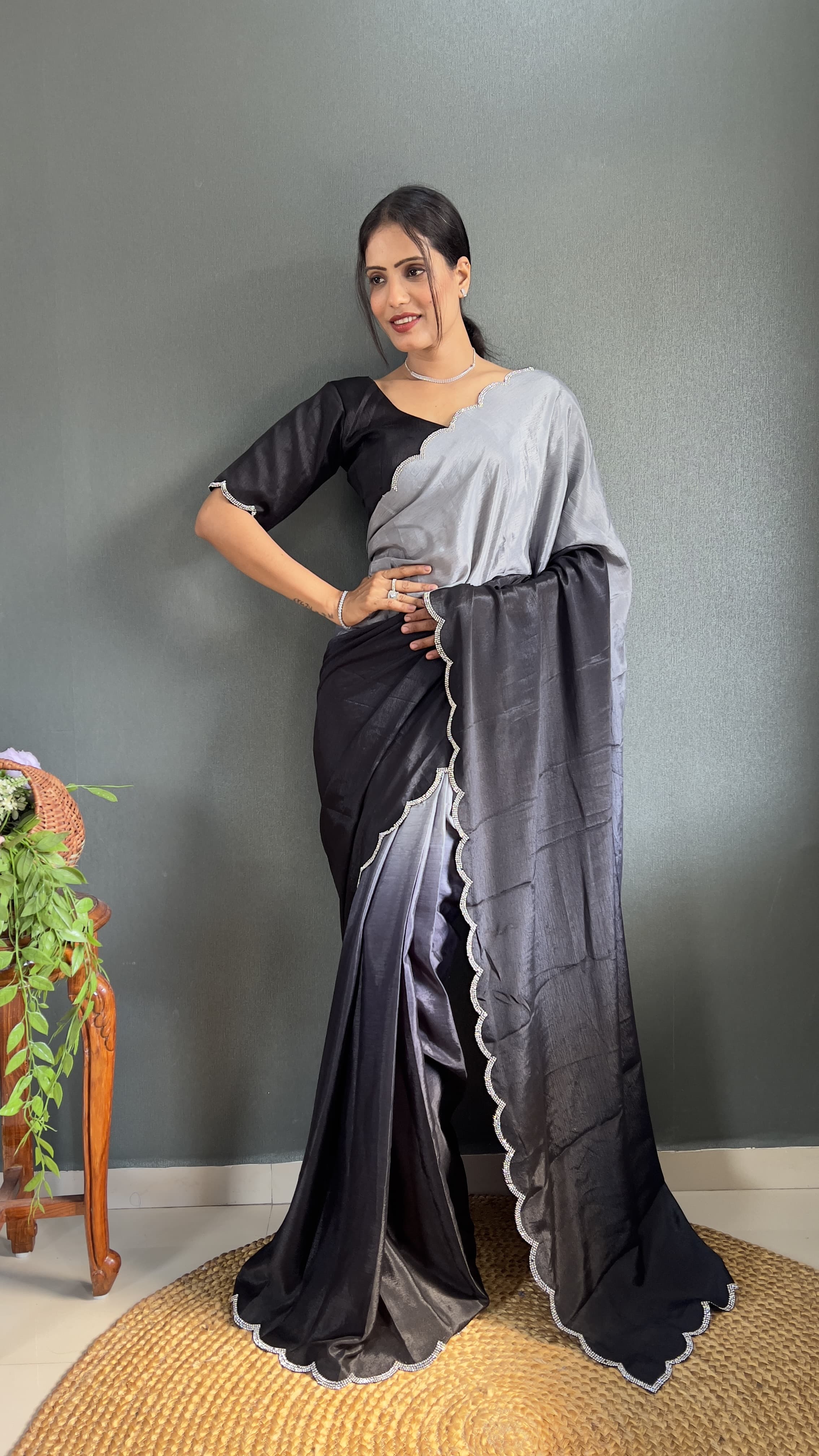 Exclusive Partywear Dual Color Saree Soft Chinon Ready To Wear saree Indian Wear Outfit