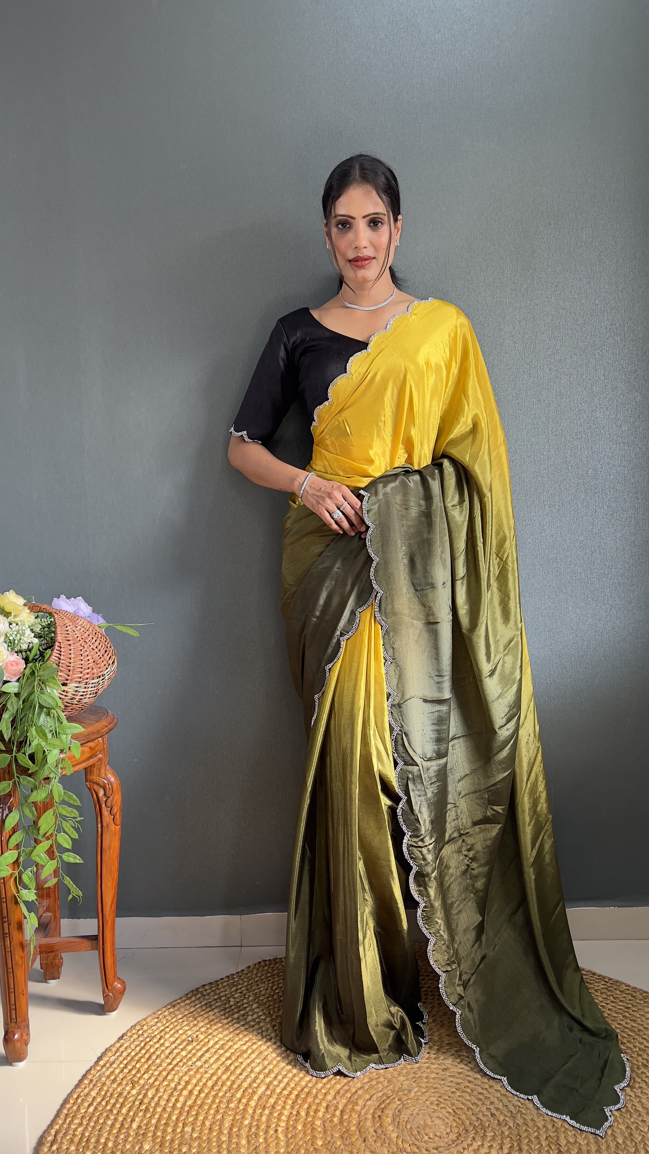 Exclusive Partywear Dual Color Saree Soft Chinon Ready To Wear saree Indian Wear Outfit