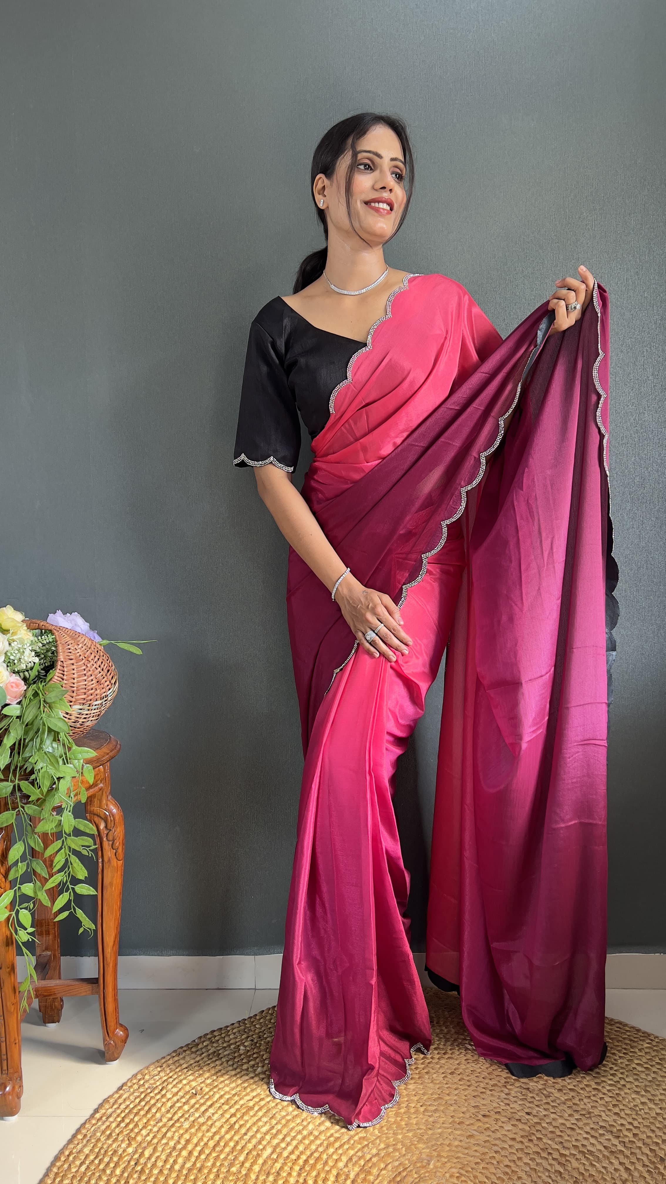 Exclusive Partywear Dual Color Saree Soft Chinon Ready To Wear saree Indian Wear Outfit