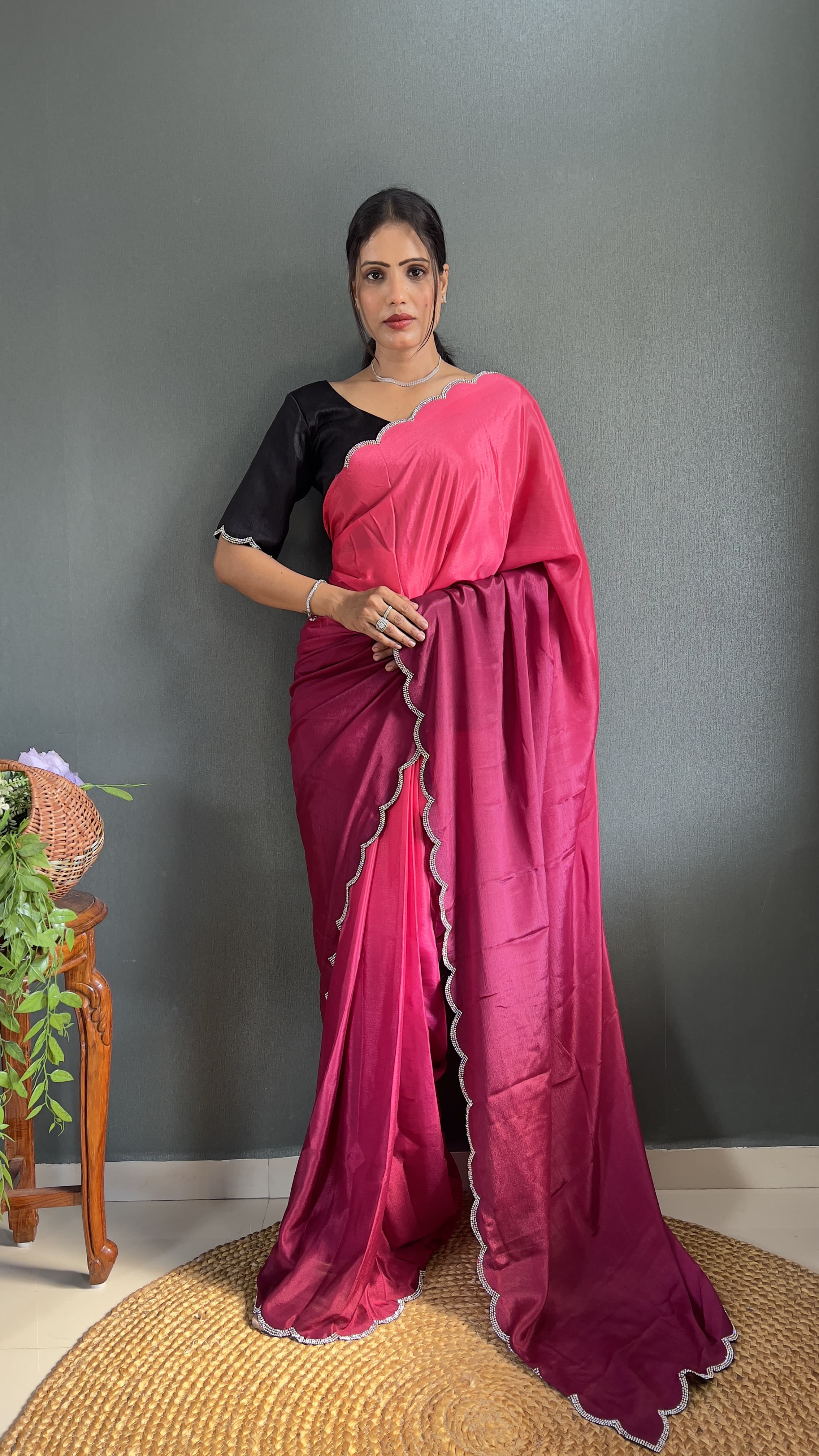 Exclusive Partywear Dual Color Saree Soft Chinon Ready To Wear saree Indian Wear Outfit