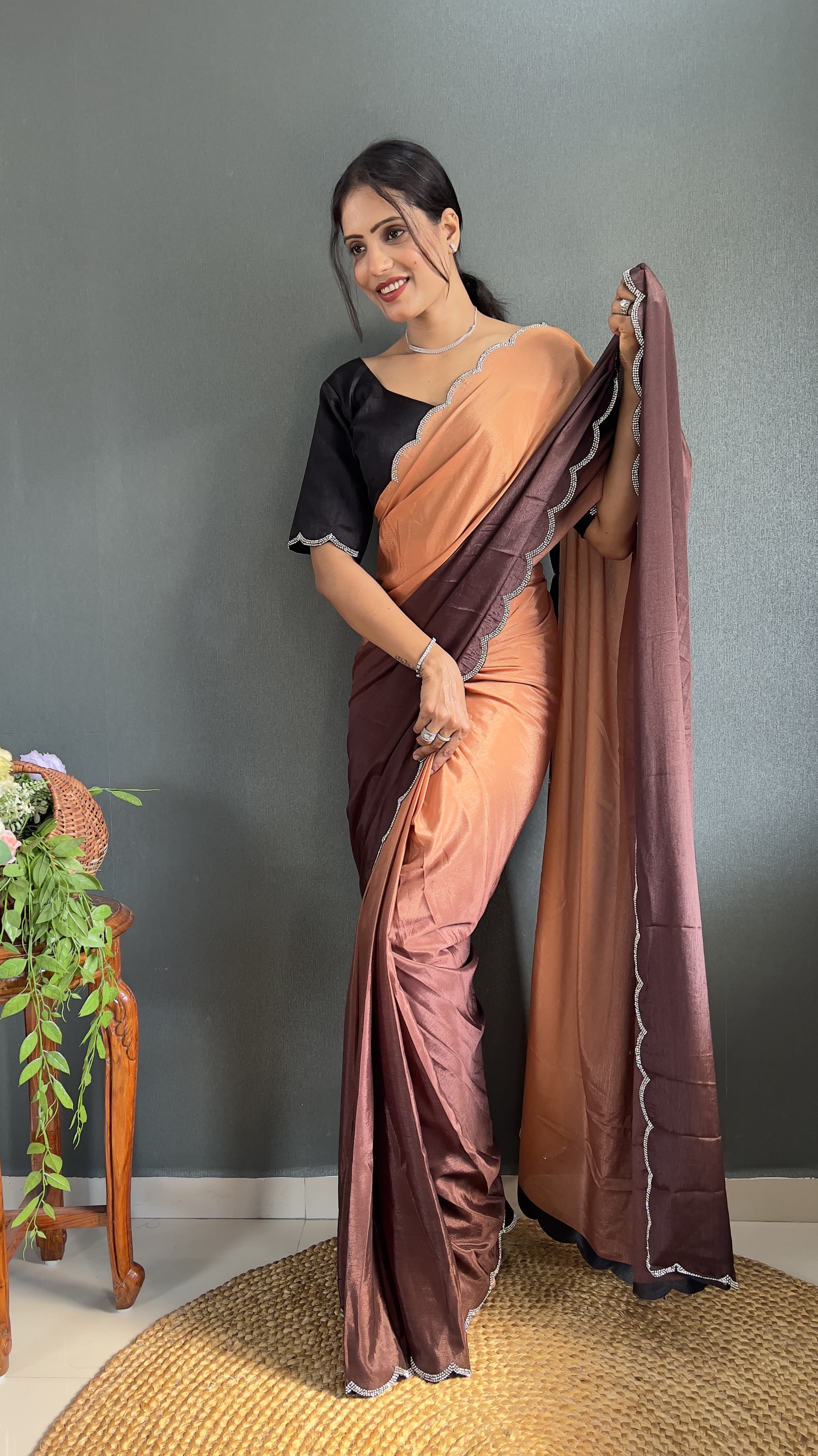 Exclusive Partywear Dual Color Saree Soft Chinon Ready To Wear saree Indian Wear Outfit