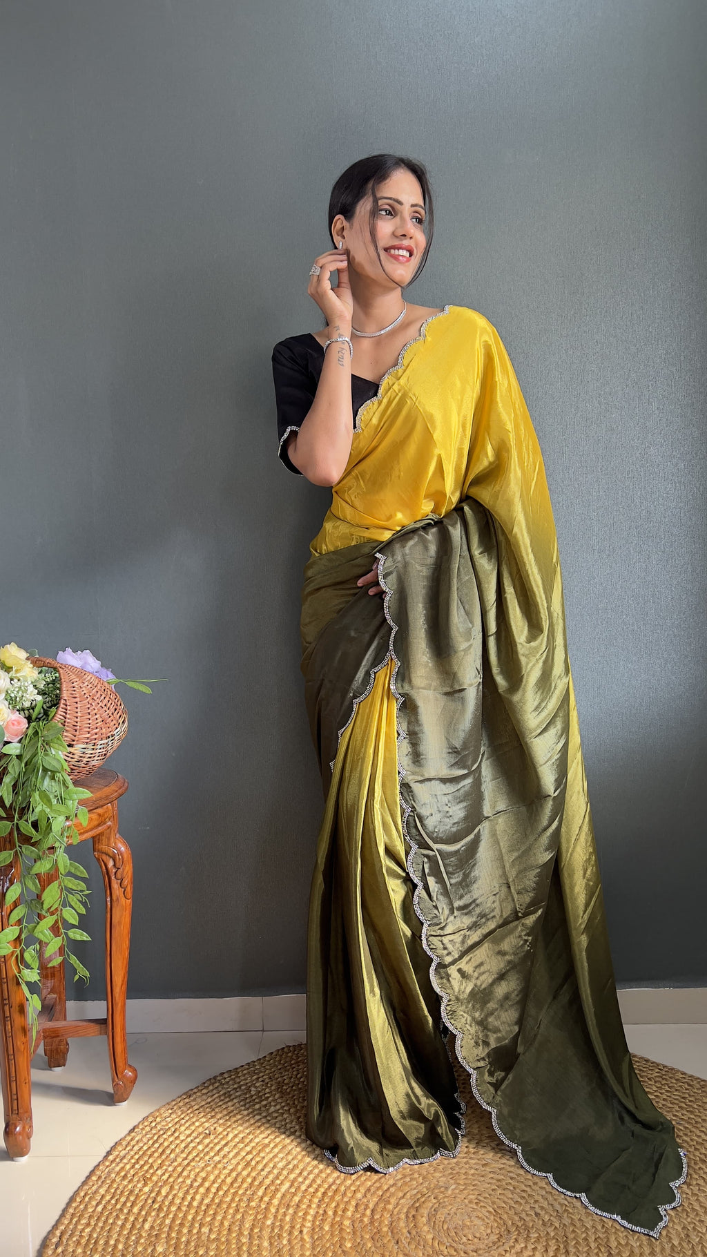 Exclusive Partywear Dual Color Saree Soft Chinon Ready To Wear saree Indian Wear Outfit