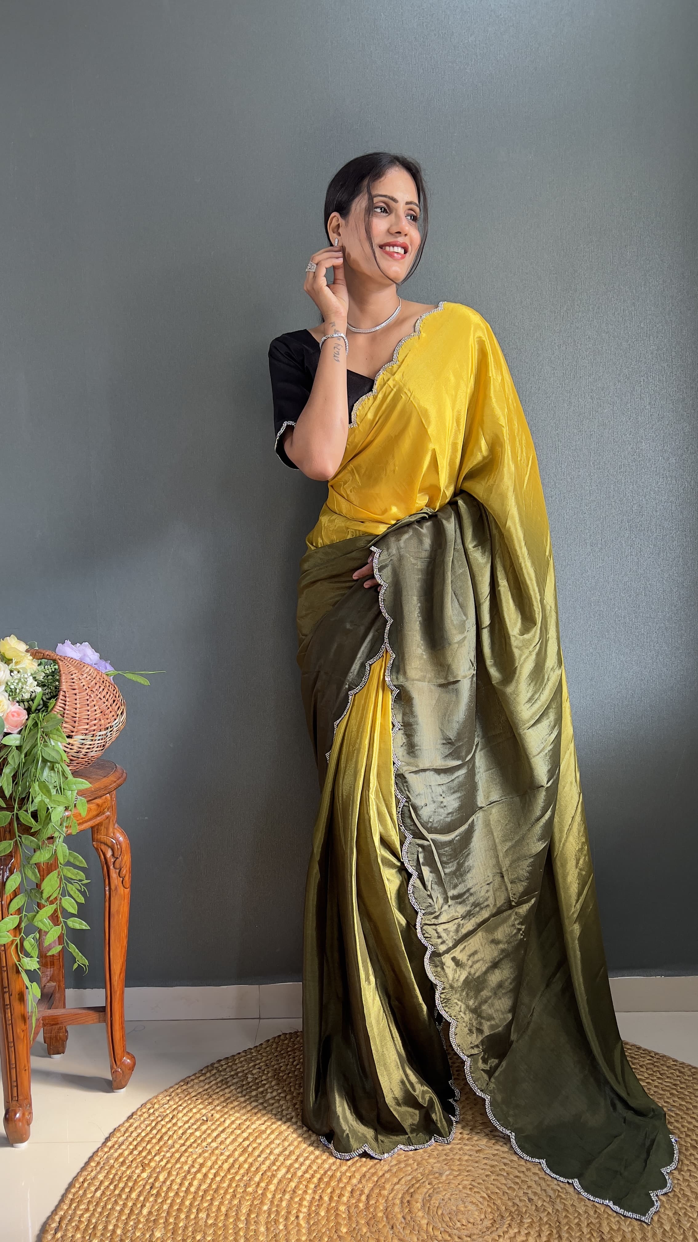 Exclusive Partywear Dual Color Saree Soft Chinon Ready To Wear saree Indian Wear Outfit