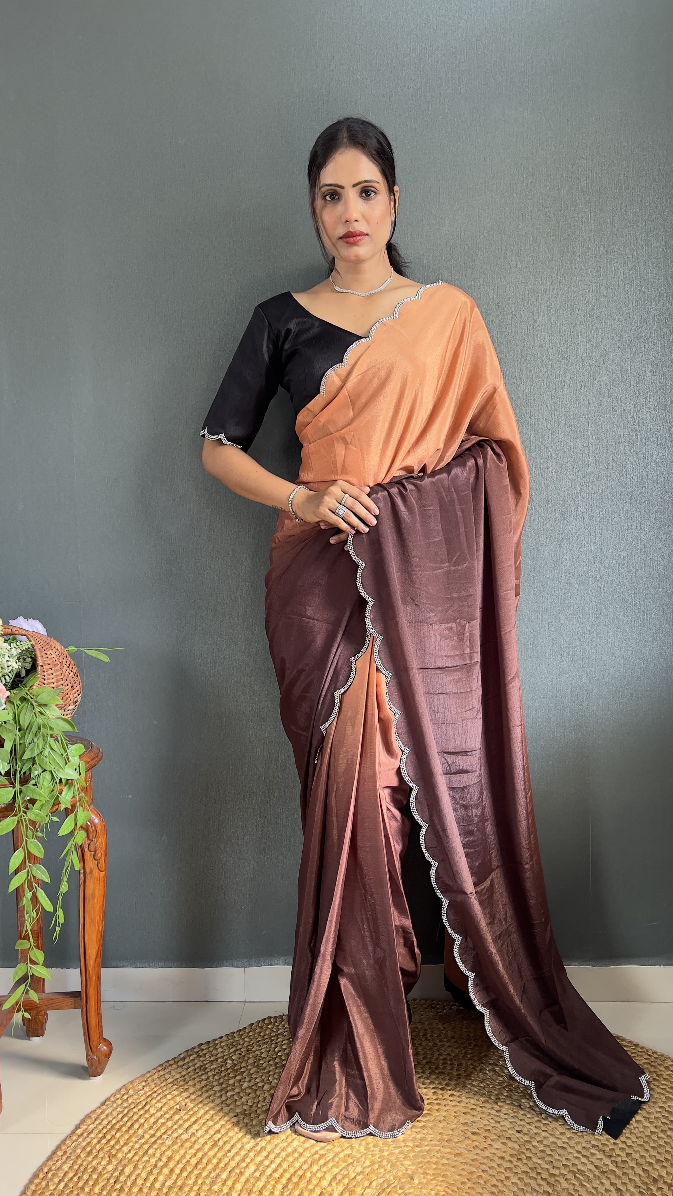 Exclusive Partywear Dual Color Saree Soft Chinon Ready To Wear saree Indian Wear Outfit