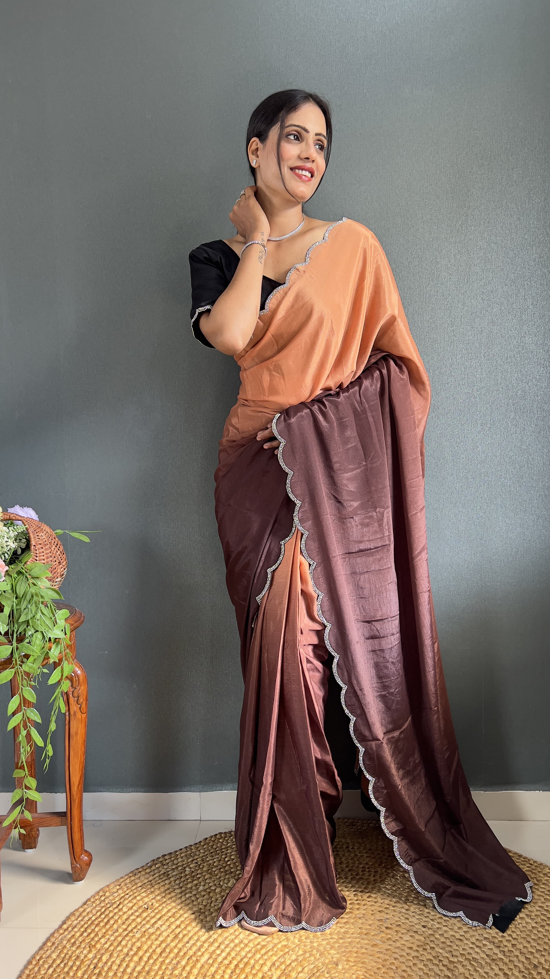 Exclusive Partywear Dual Color Saree Soft Chinon Ready To Wear saree Indian Wear Outfit