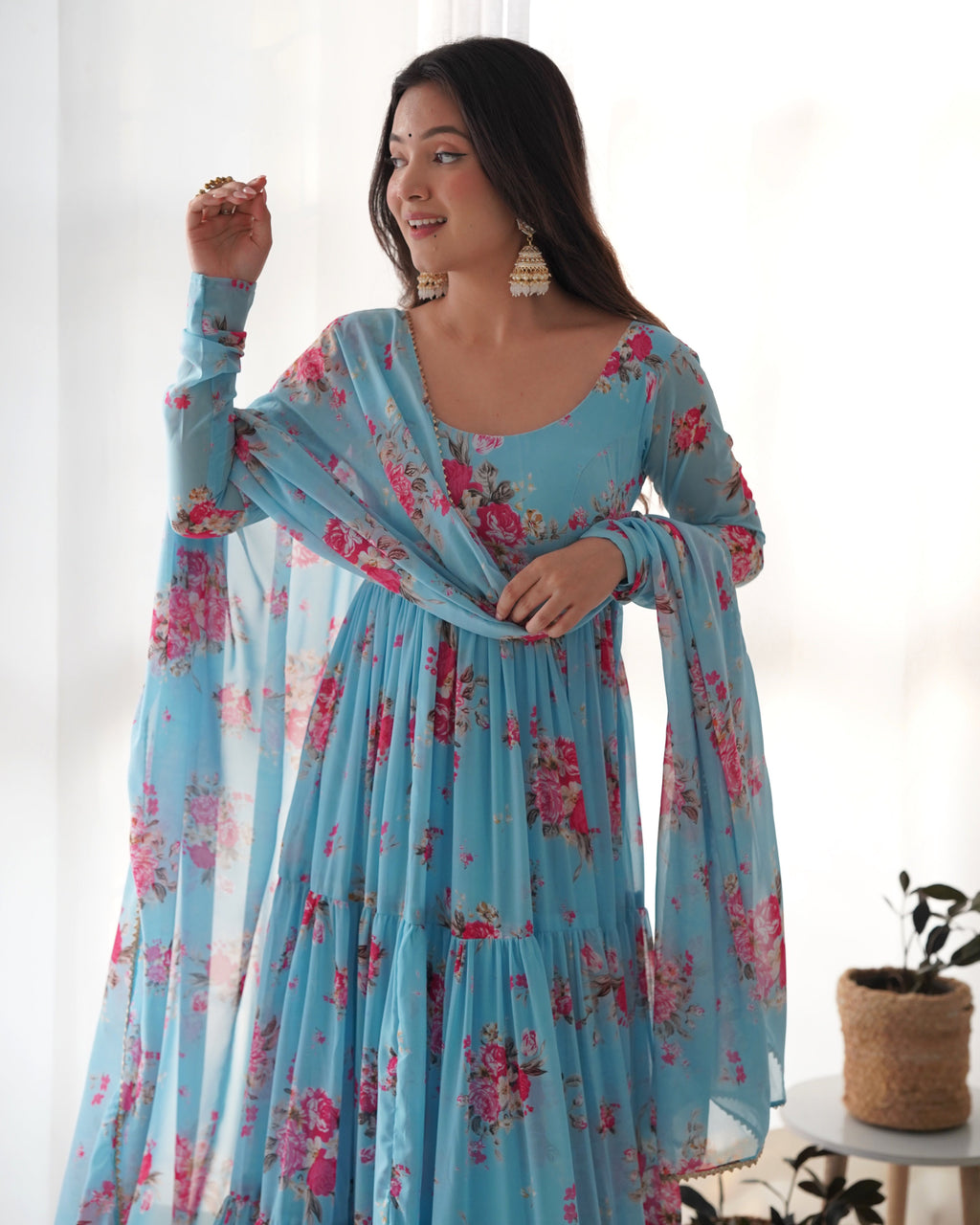 Sky Blue Georgette Floral Print Fabric Fully Flair Anarkali,With Duppta Set,Pent Ready To Wear Partywear Gown Indian Dress