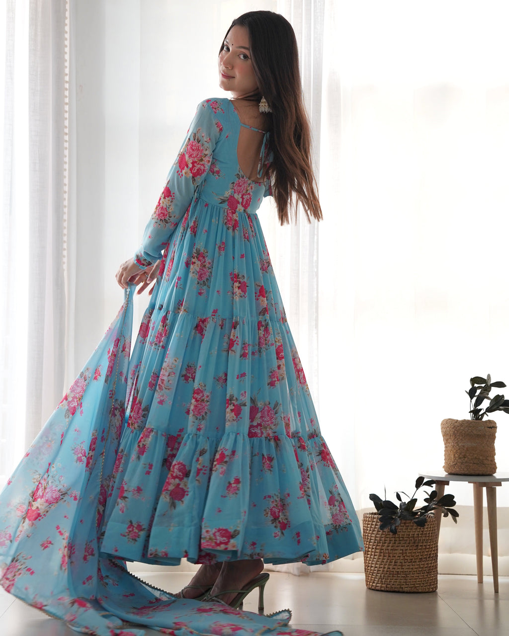 Sky Blue Georgette Floral Print Fabric Fully Flair Anarkali,With Duppta Set,Pent Ready To Wear Partywear Gown Indian Dress
