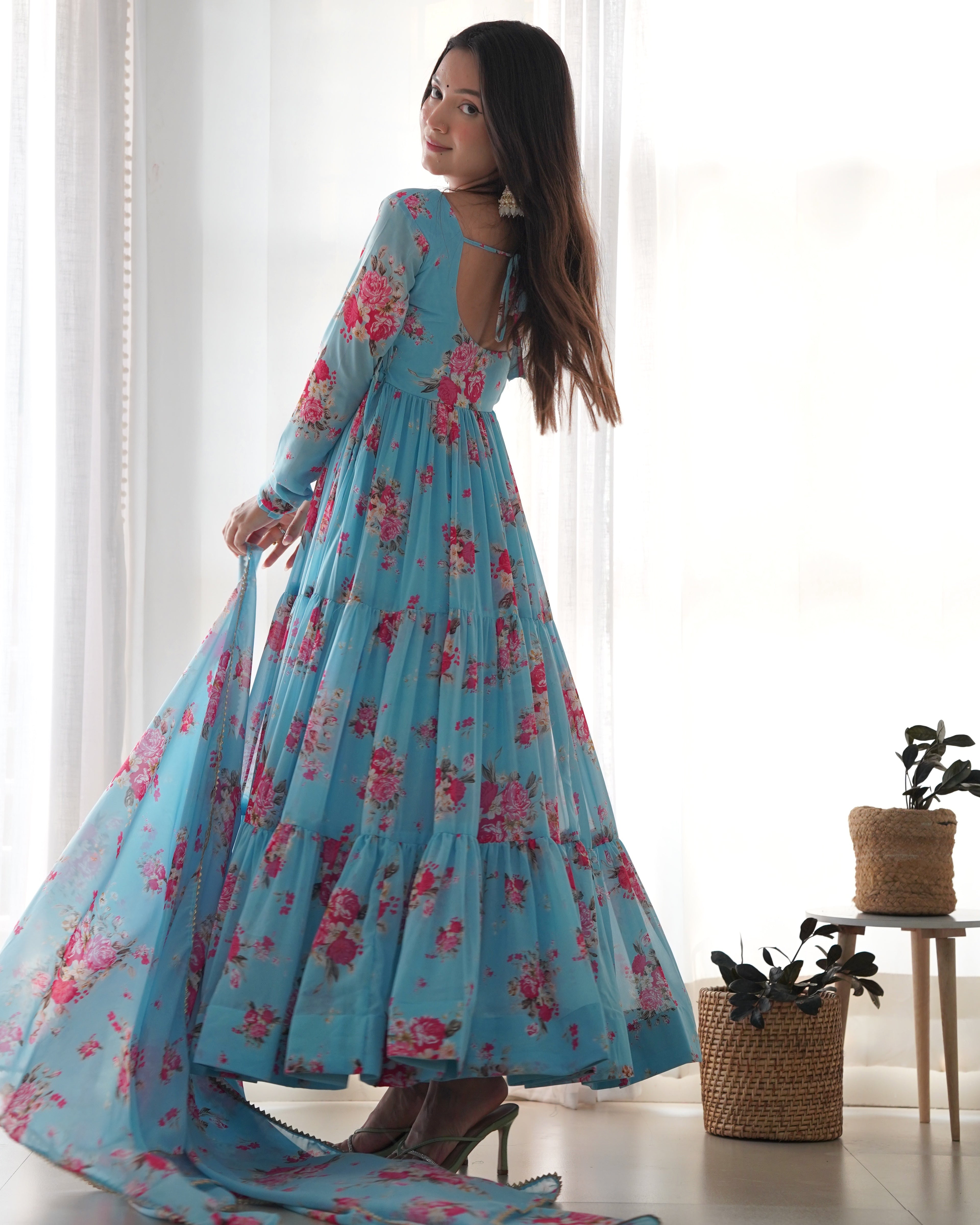 Sky Blue Georgette Floral Print Fabric Fully Flair Anarkali,With Duppta Set,Pent Ready To Wear Partywear Gown Indian Dress
