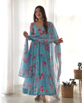 Sky Blue Georgette Floral Print Fabric Fully Flair Anarkali,With Duppta Set,Pent Ready To Wear Partywear Gown Indian Dress