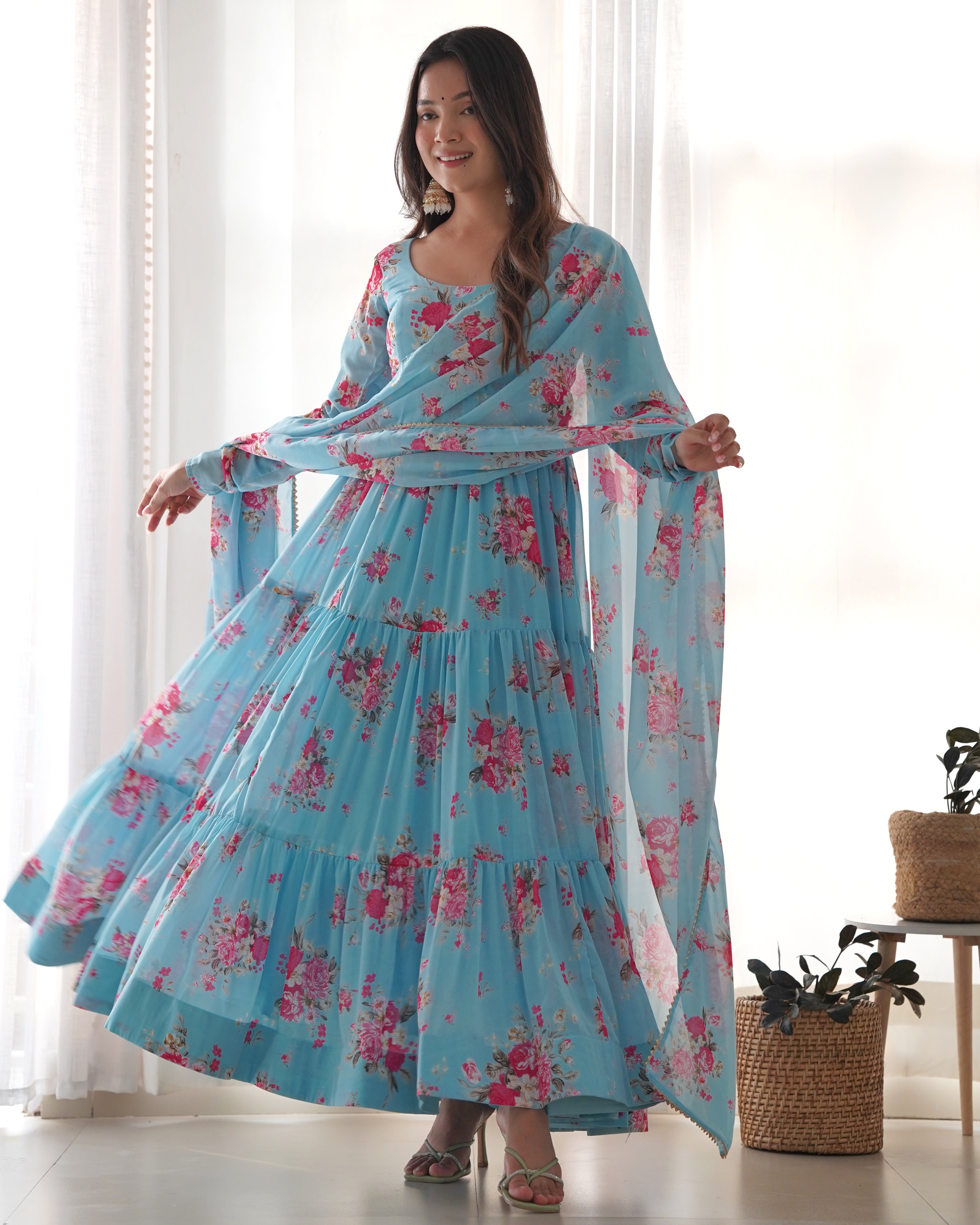 Sky Blue Georgette Floral Print Fabric Fully Flair Anarkali,With Duppta Set,Pent Ready To Wear Partywear Gown Indian Dress