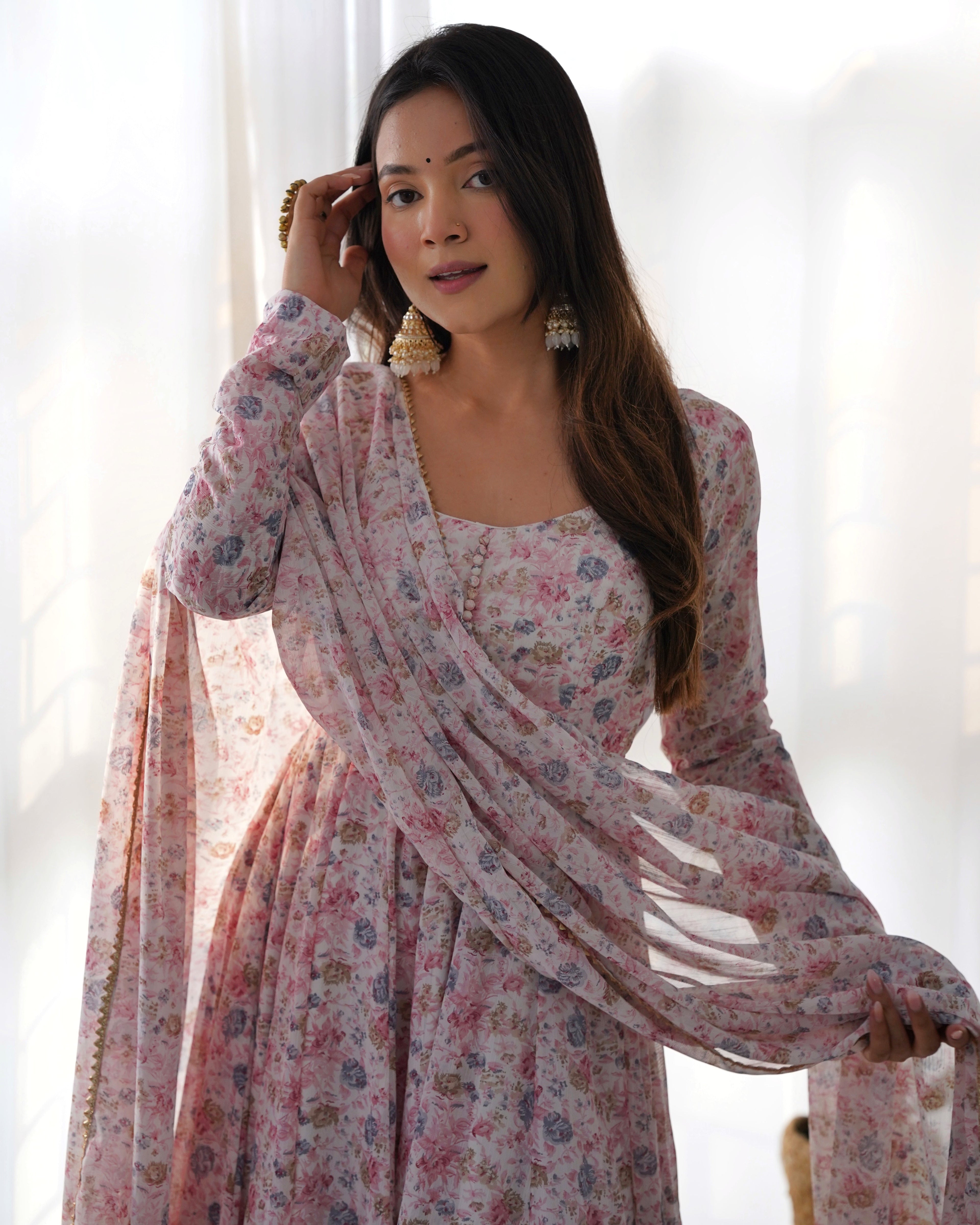 Light Pink Chiffon Floral Print Anarkali gown  Partywear Gown Indian Dress