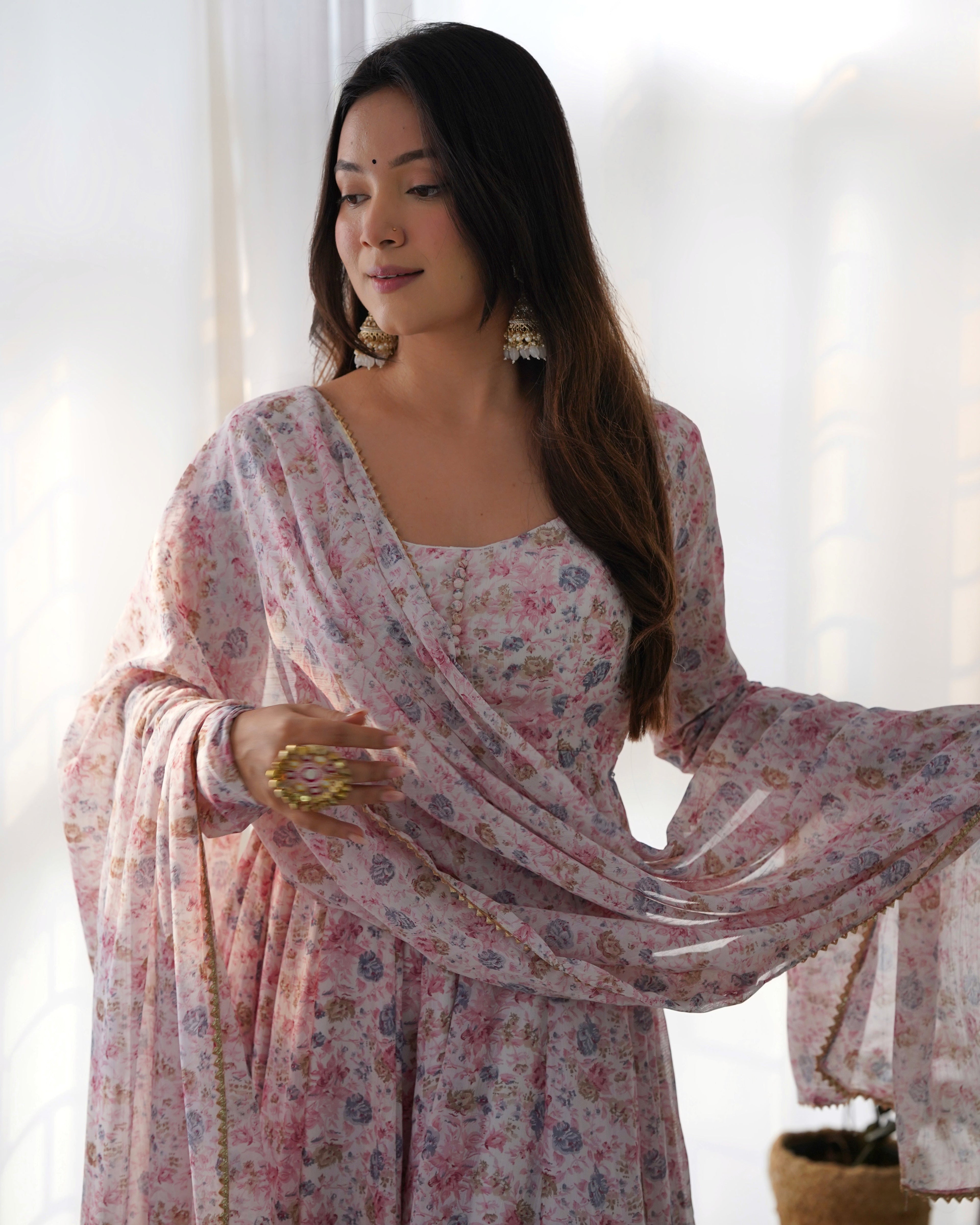Light Pink Chiffon Floral Print Anarkali gown  Partywear Gown Indian Dress