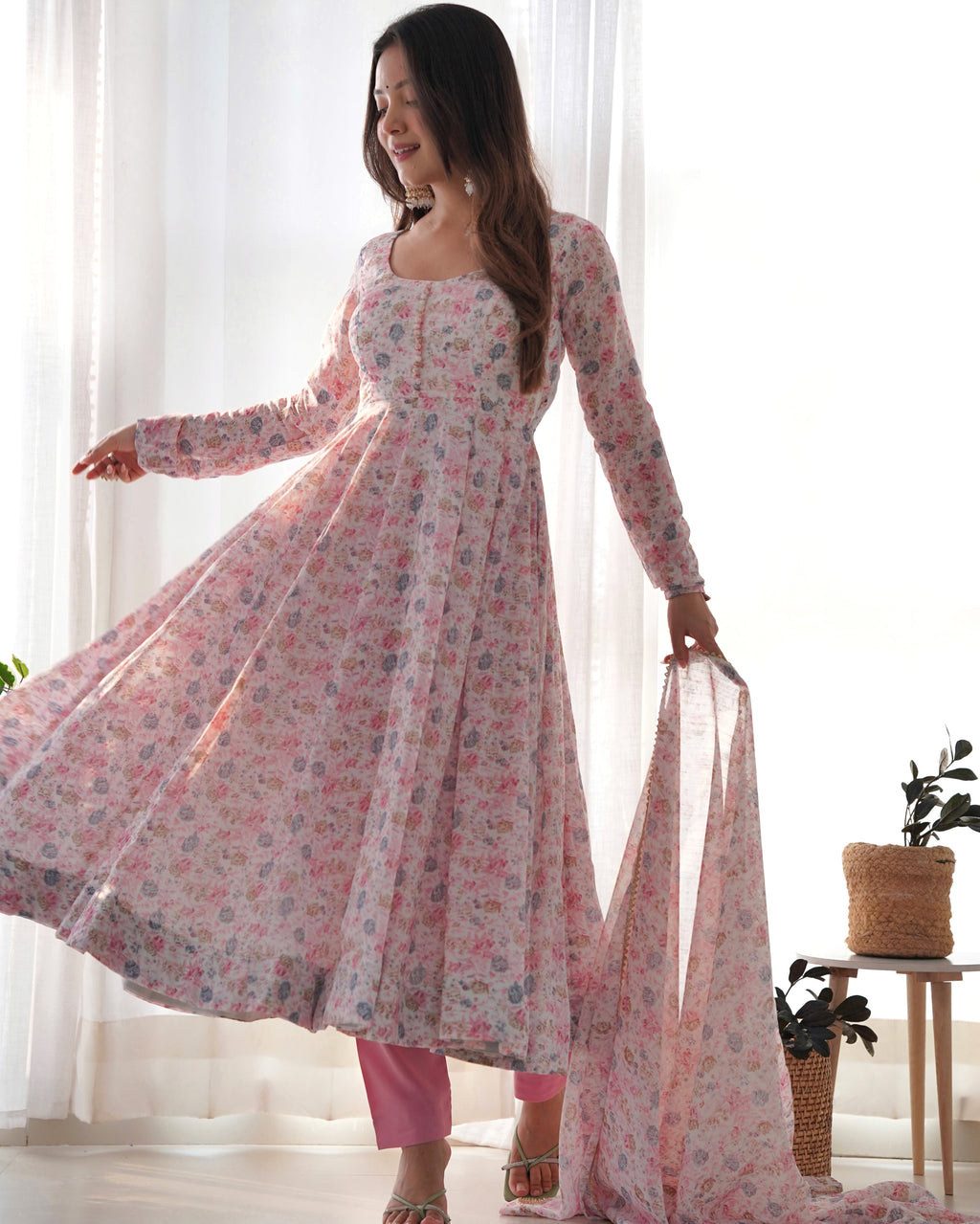 Light Pink Chiffon Floral Print Anarkali gown  Partywear Gown Indian Dress