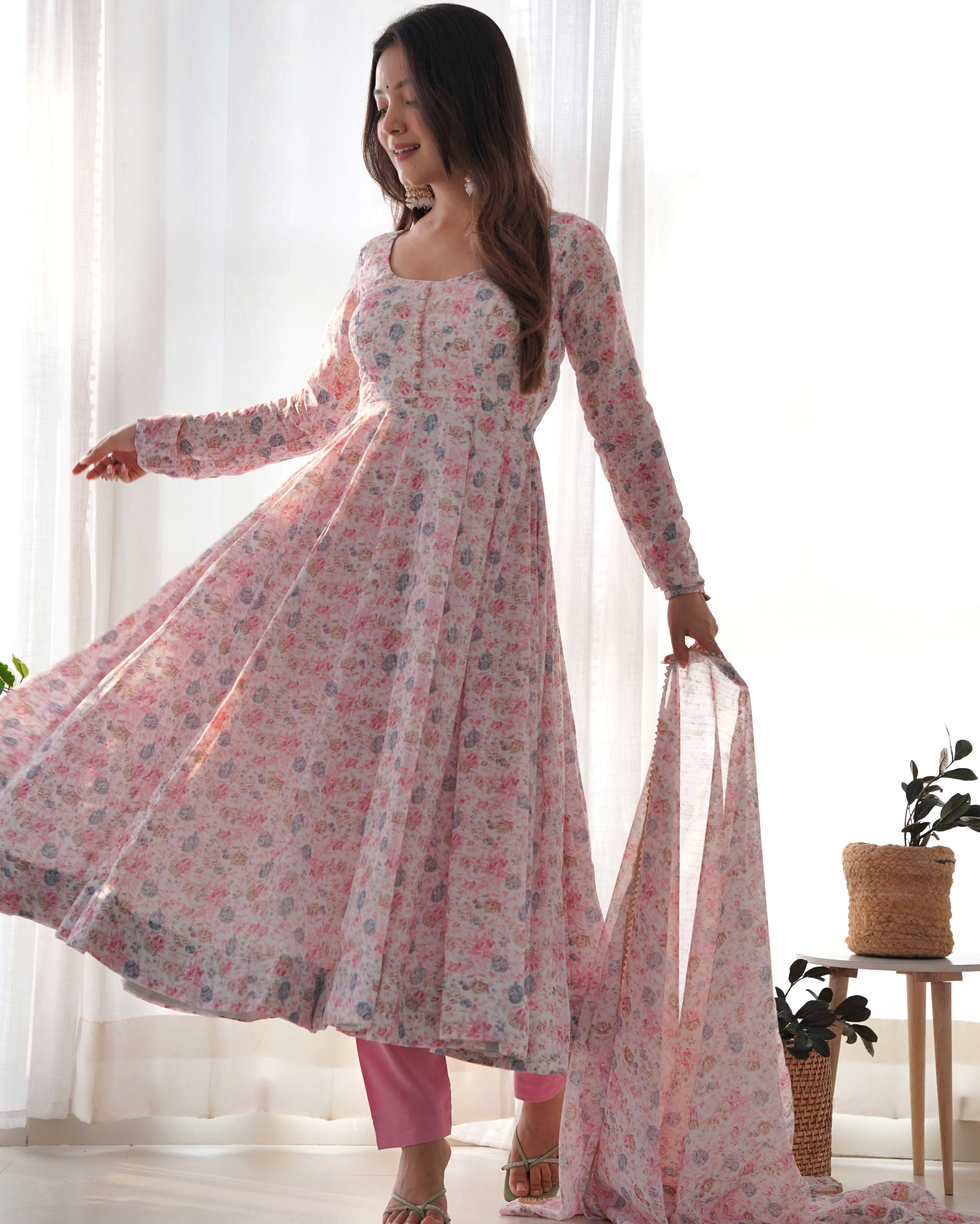 Light Pink Chiffon Floral Print Anarkali gown  Partywear Gown Indian Dress