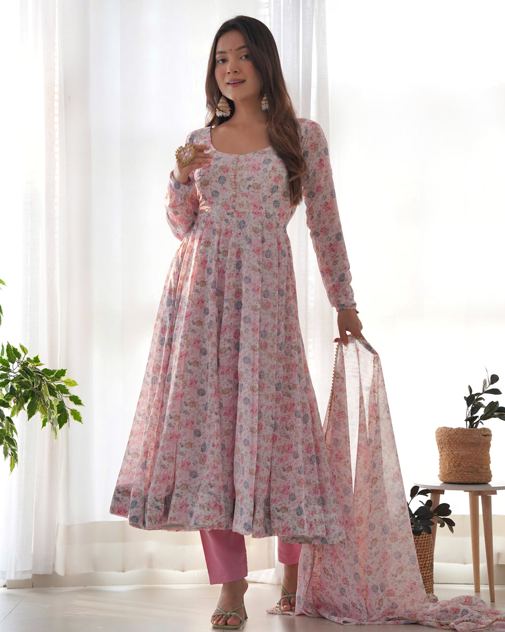 Light Pink Chiffon Floral Print Anarkali gown  Partywear Gown Indian Dress