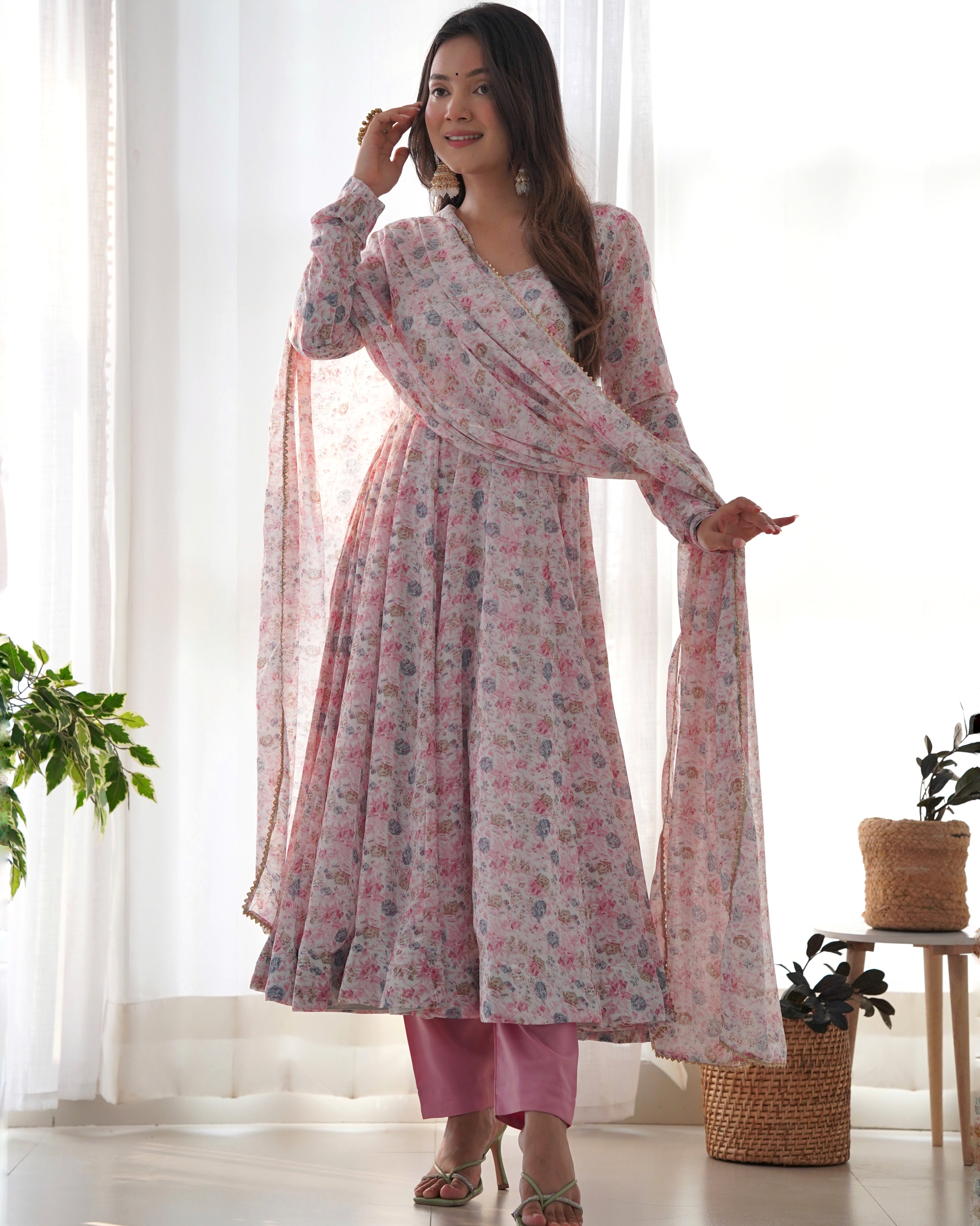 Light Pink Chiffon Floral Print Anarkali gown  Partywear Gown Indian Dress