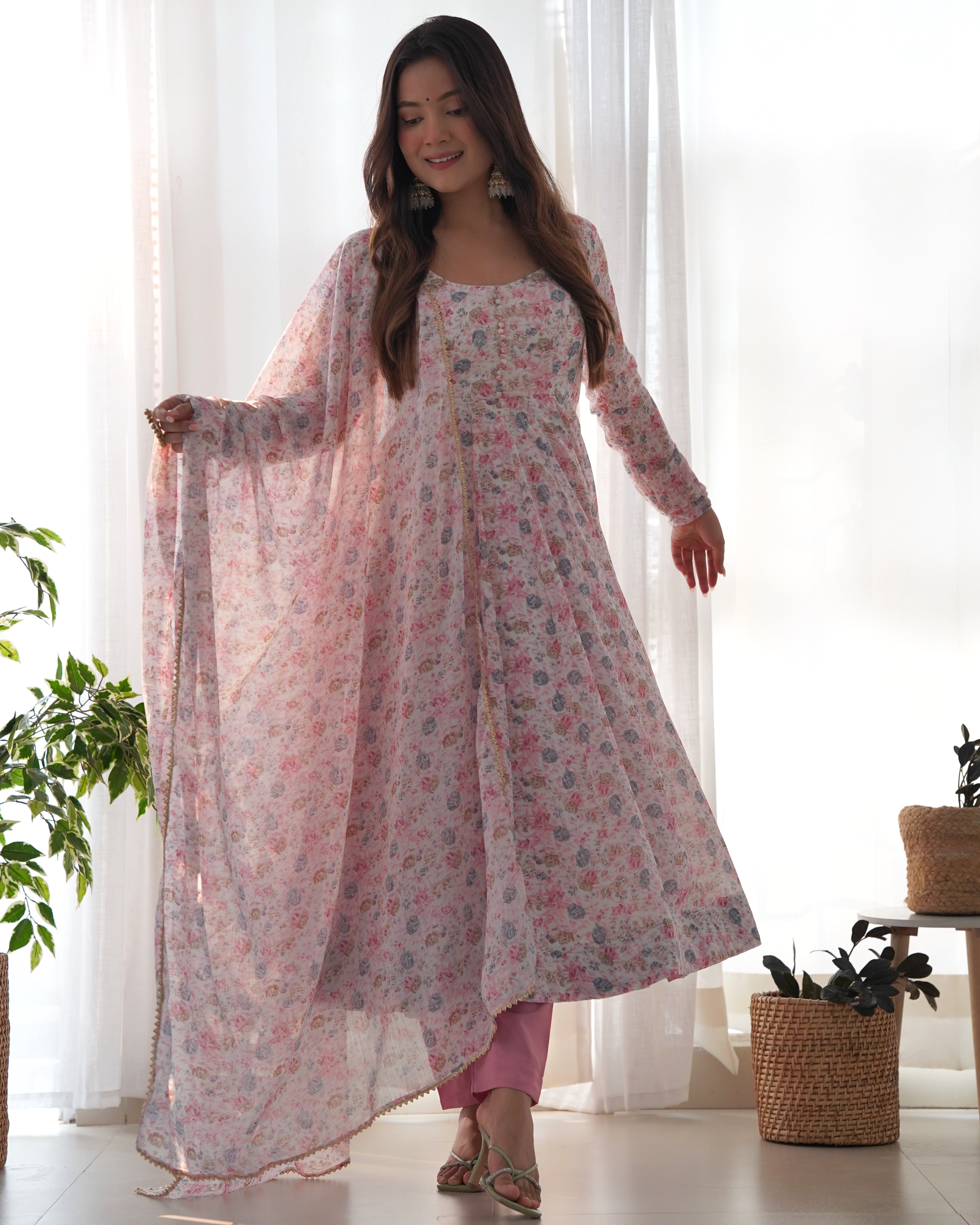 Light Pink Chiffon Floral Print Anarkali gown  Partywear Gown Indian Dress