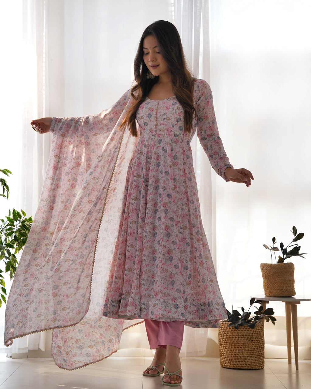 Light Pink Chiffon Floral Print Anarkali gown  Partywear Gown Indian Dress